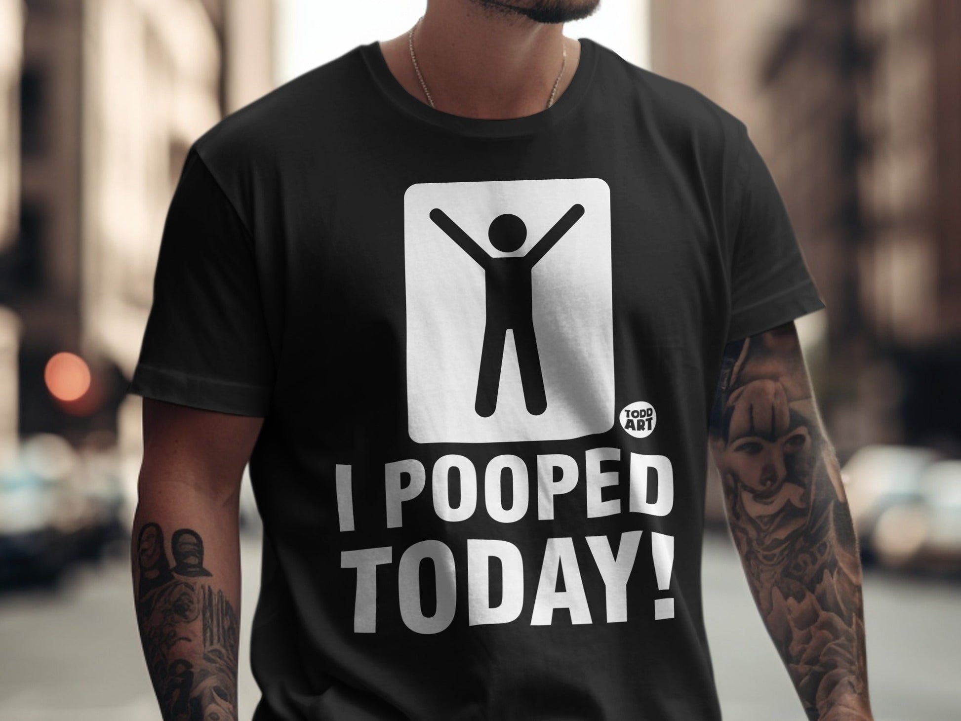 Black t-shirt with white graphic: stick figure arms up, "I POOPED TODAY!" text.