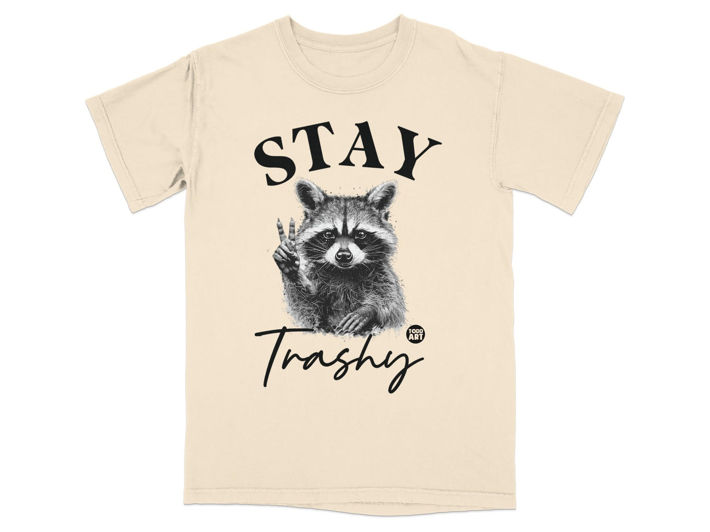 T-shirt with raccoon giving peace sign and "STAY Trashy" text.