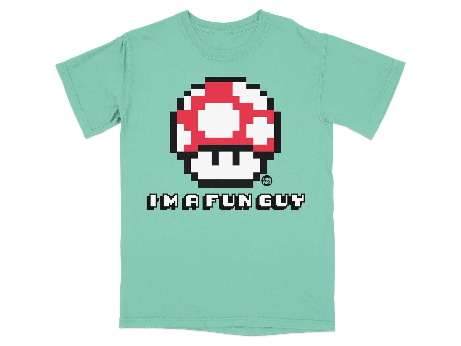 Aqua t-shirt with Super Mario mushroom icon and "I'm a fun guy" text.