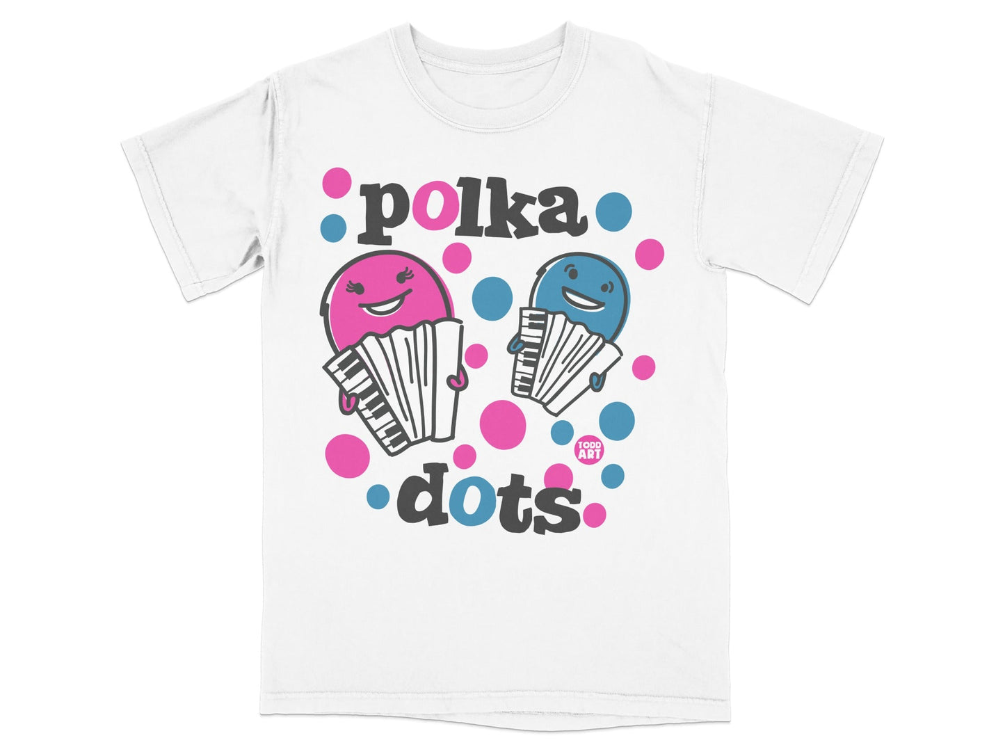Two smiling accordions with polka dots and the words "polka dots".