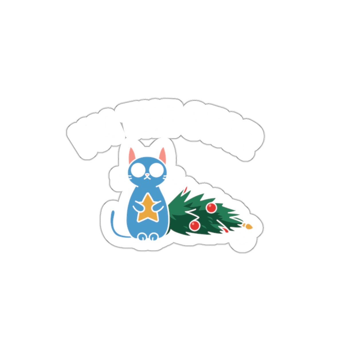 Cute Blue Cat with Christmas Tree Sticker