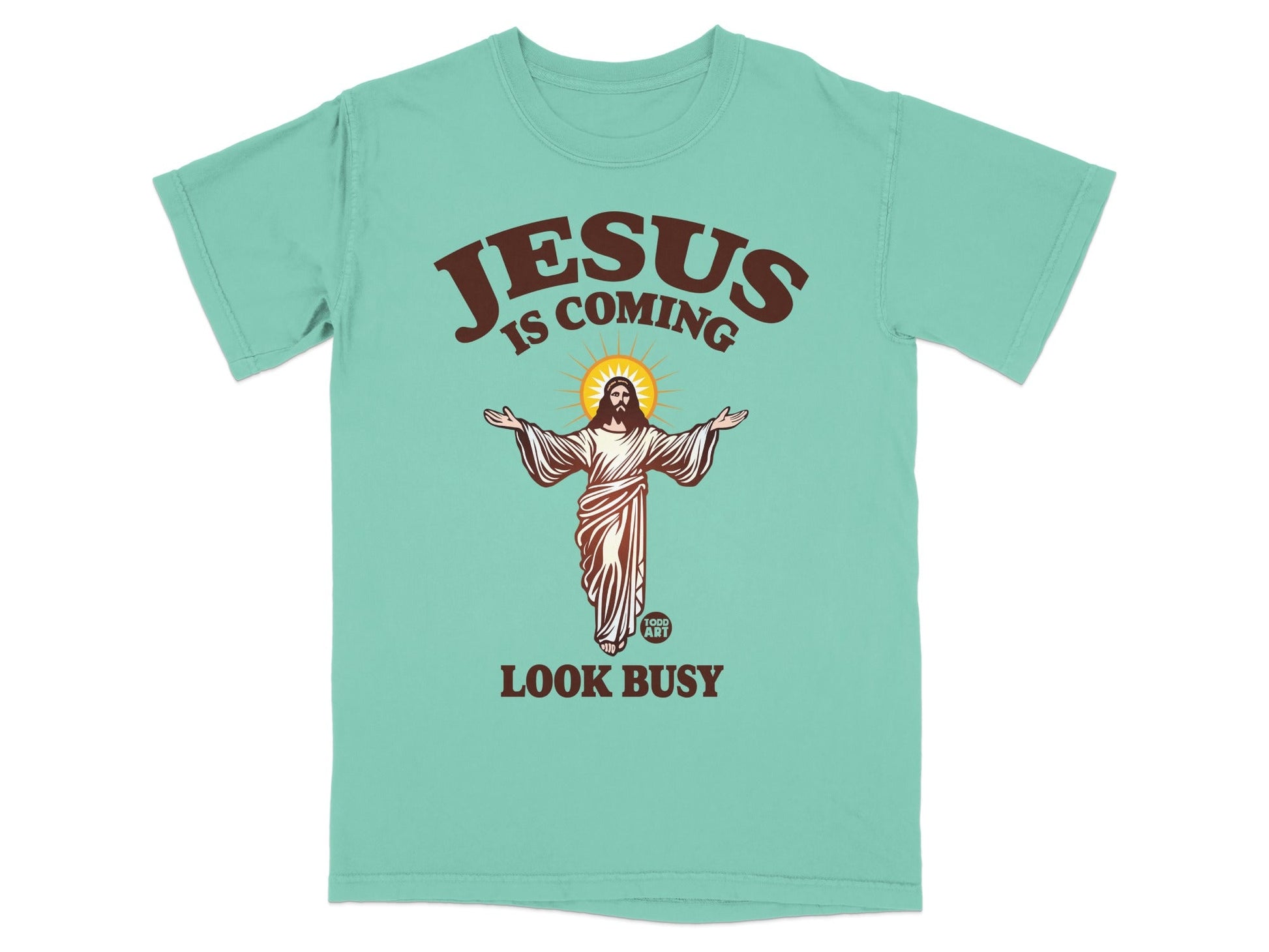 Teal t-shirt with "JESUS IS COMING LOOK BUSY" text and Jesus illustration.