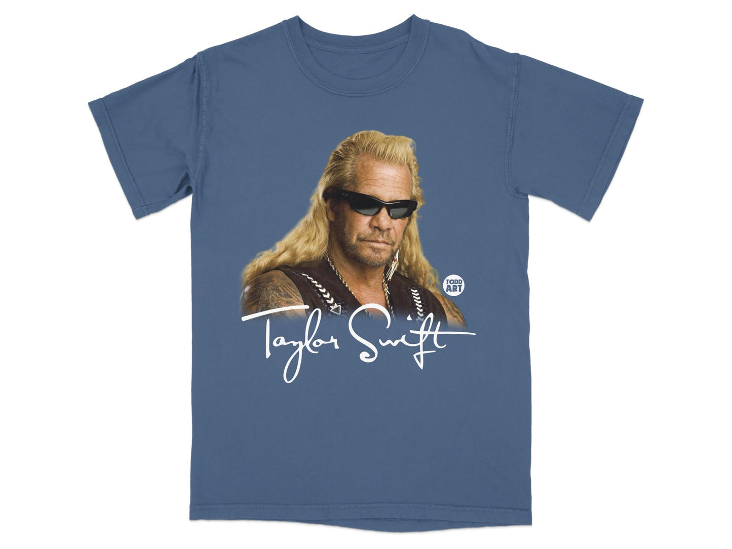 Dog the Bounty Hunter wearing sunglasses and a vest, with "Taylor Swift" text.