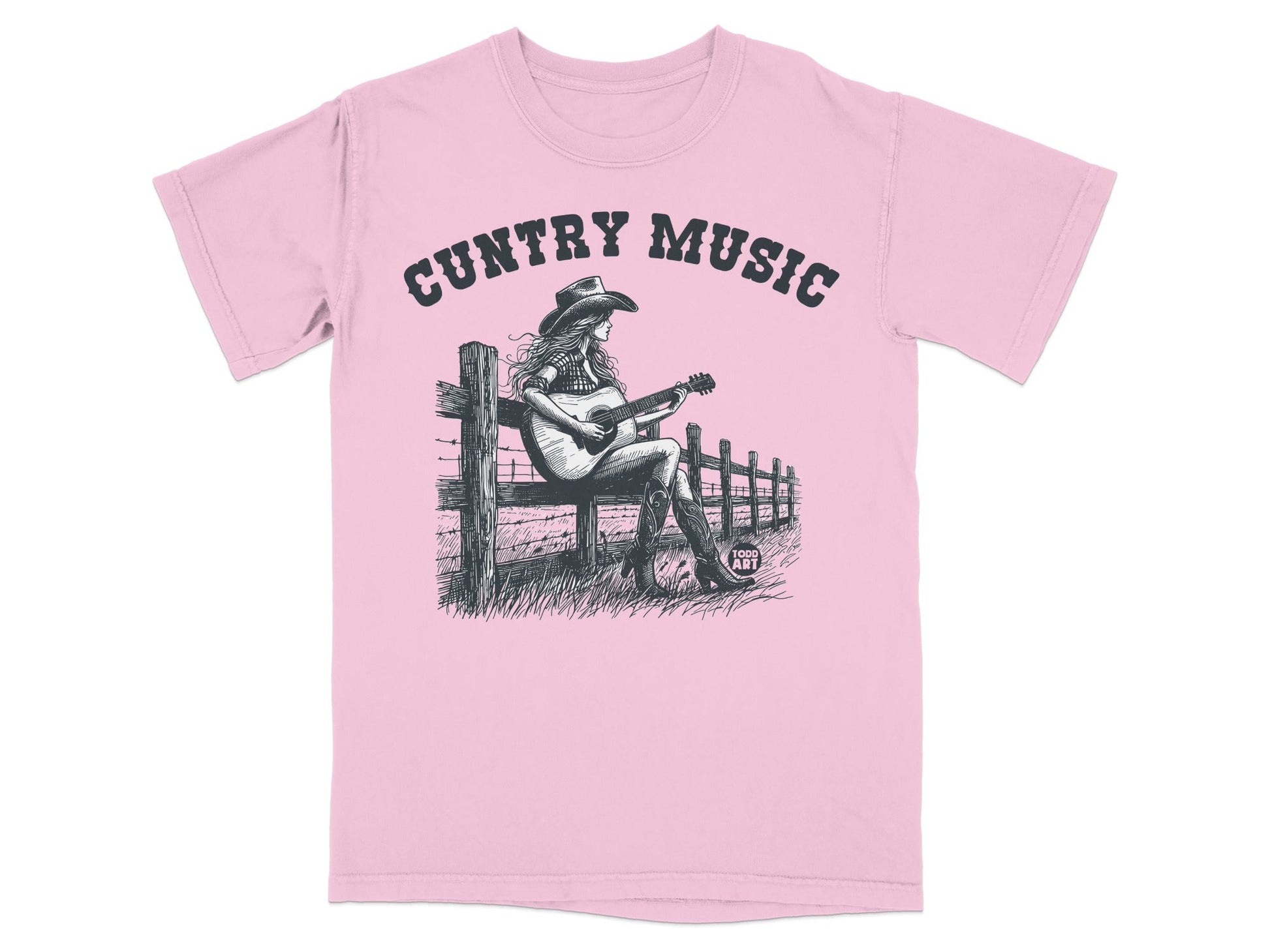 Woman playing guitar on fence with "CUNTry MUSIC" text.