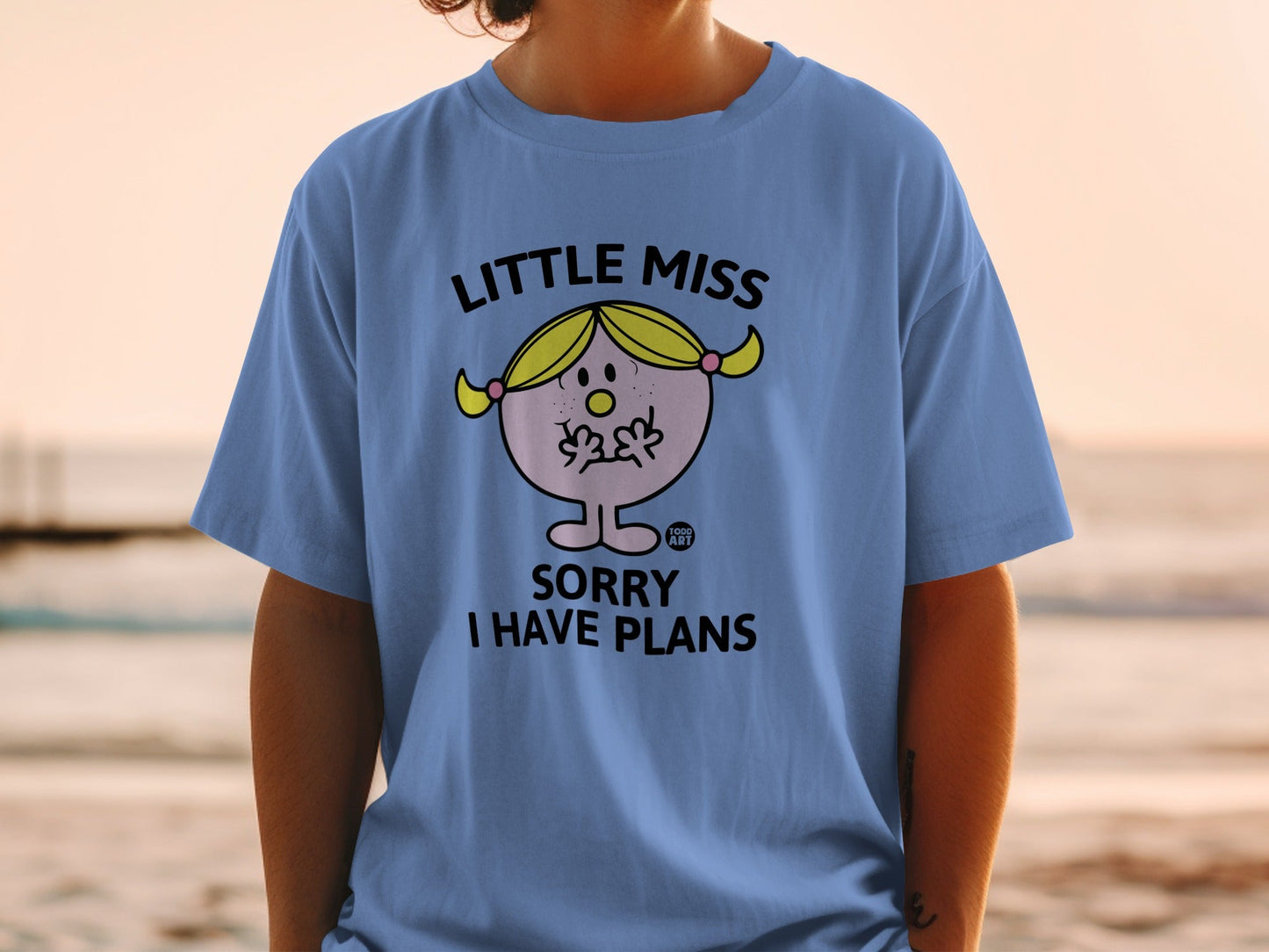 Little Miss Sorry I Have Plans t-shirt featuring cartoon character.