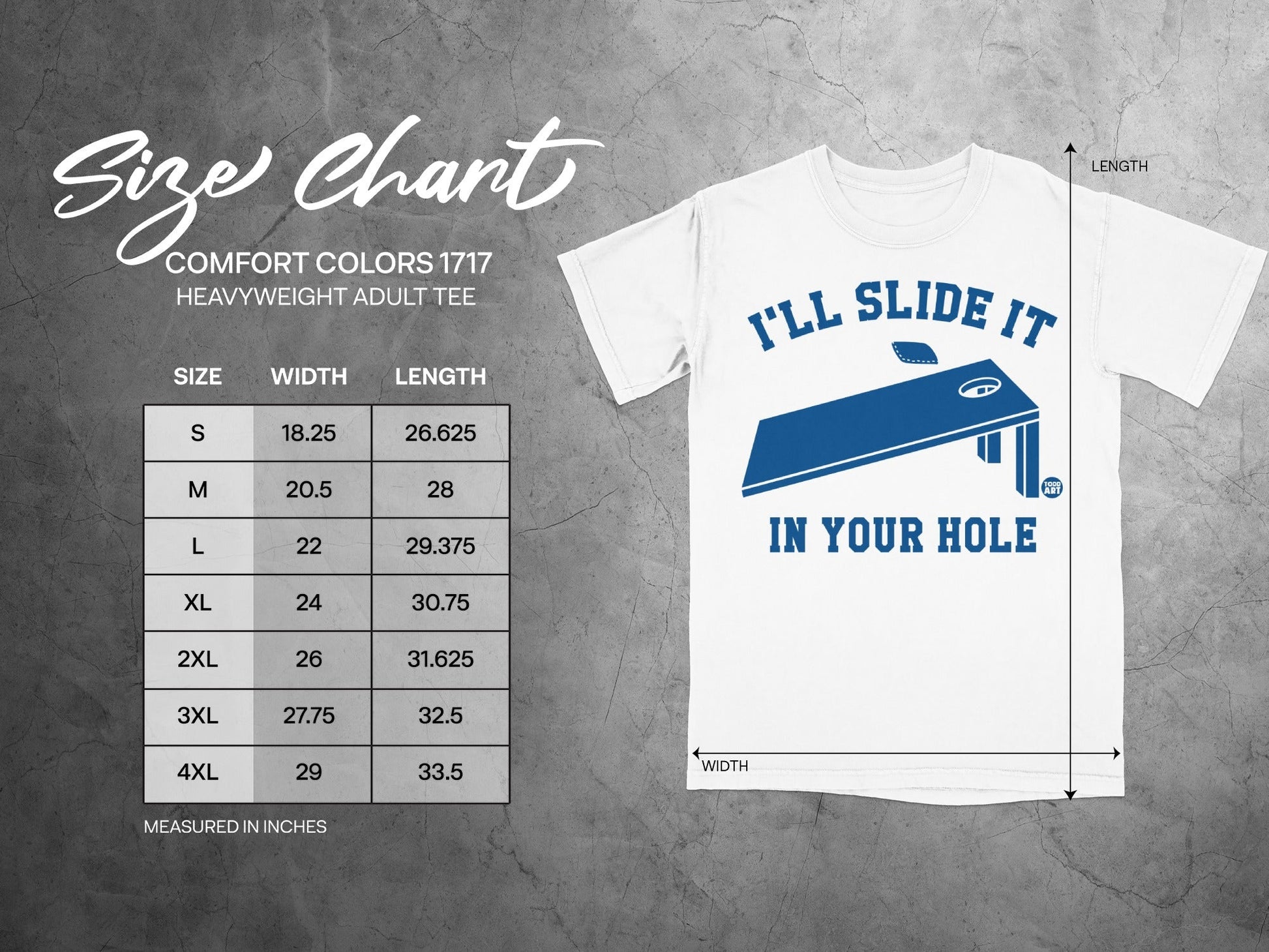 Comfort Colors 1717 heavyweight adult tee size chart with "I'll slide it in your hole" graphic.