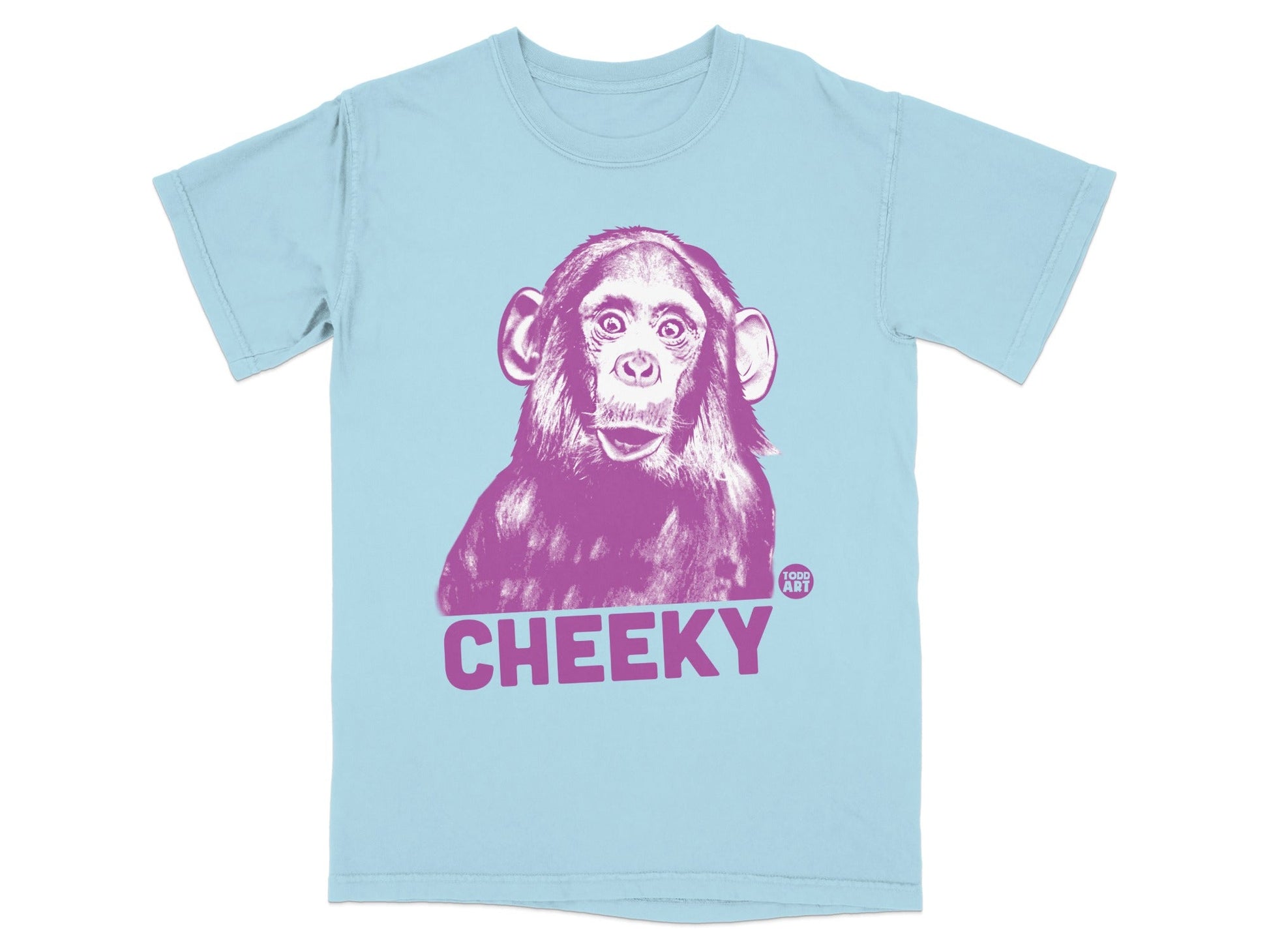 Light blue t-shirt with a purple graphic of a chimpanzee and the word "CHEEKY".