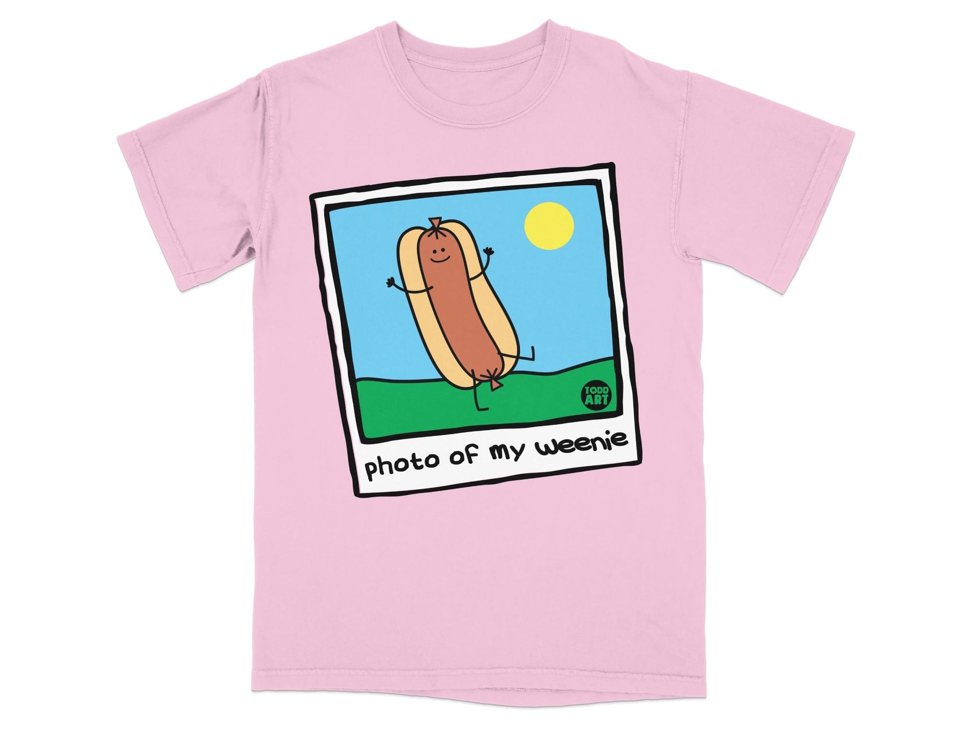 Pink t-shirt with cartoon hot dog in a bun and text "photo of my weenie".