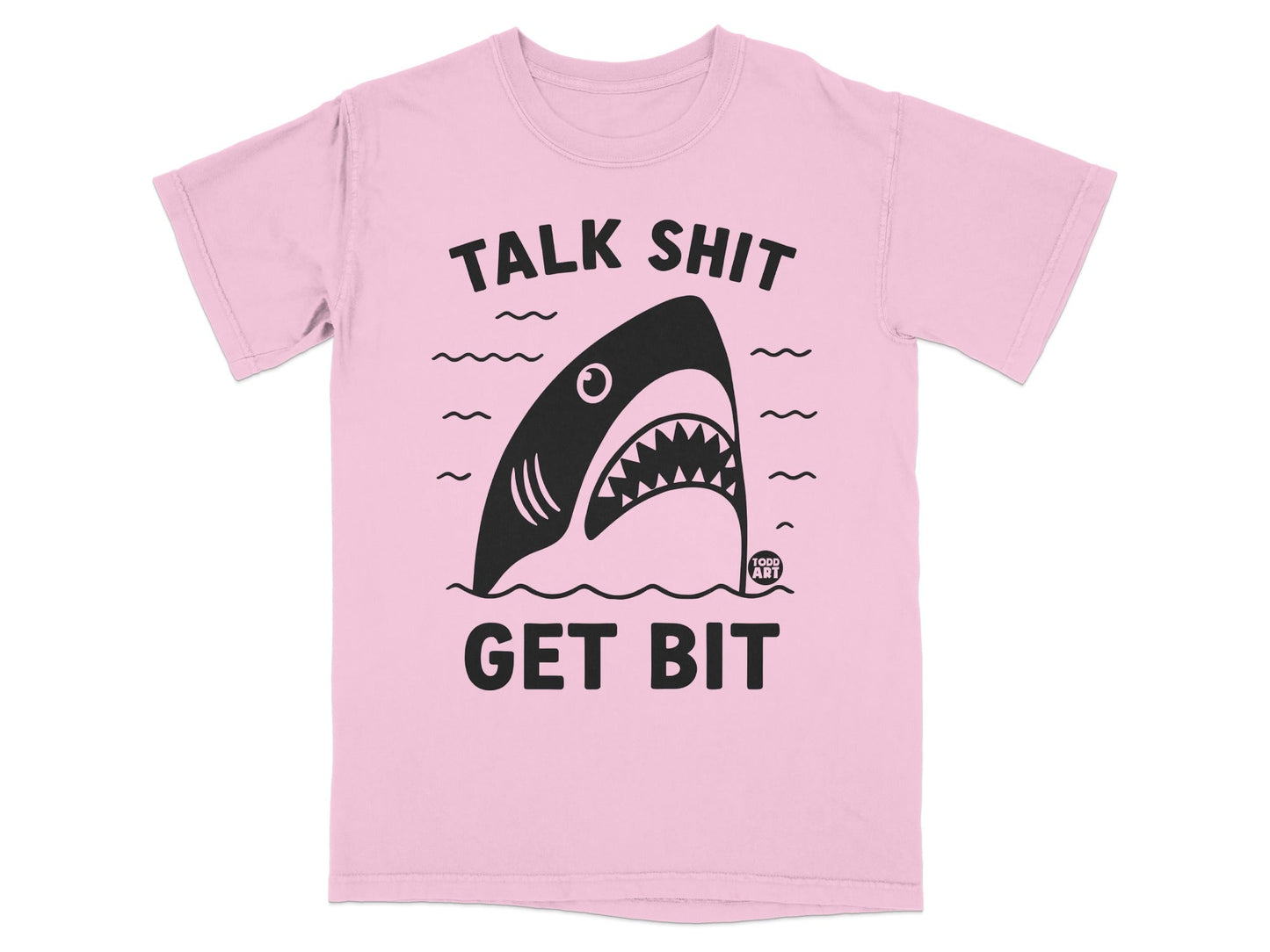 Pink t-shirt with black shark graphic and text "TALK SHIT GET BIT".