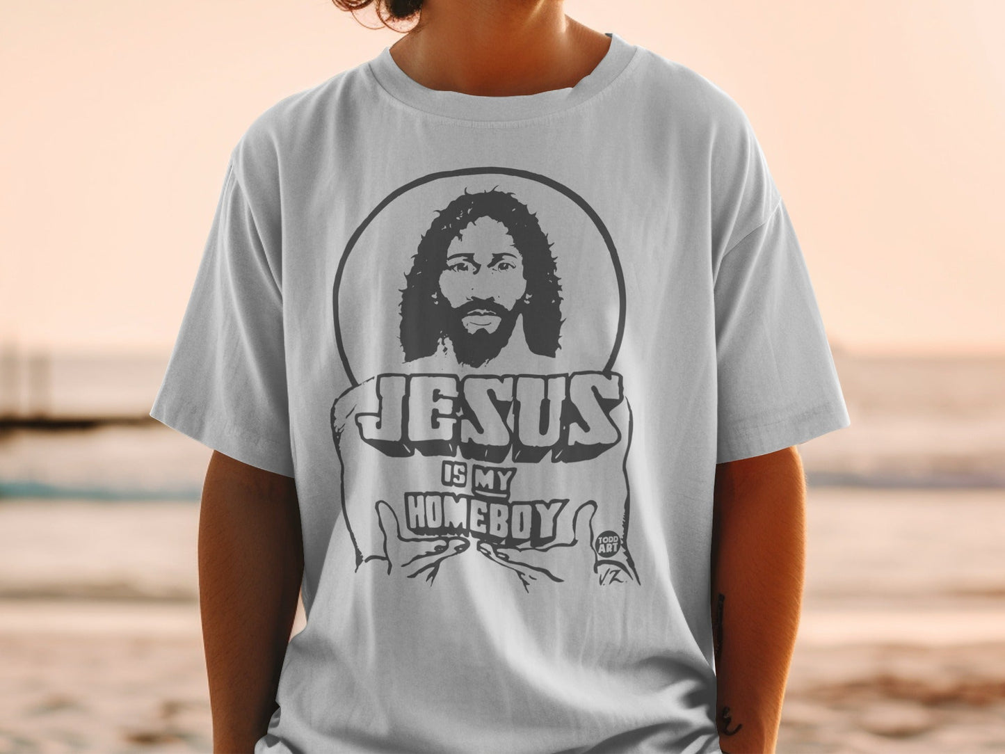 T-shirt with Jesus artwork and "Jesus is my Homeboy" text.
