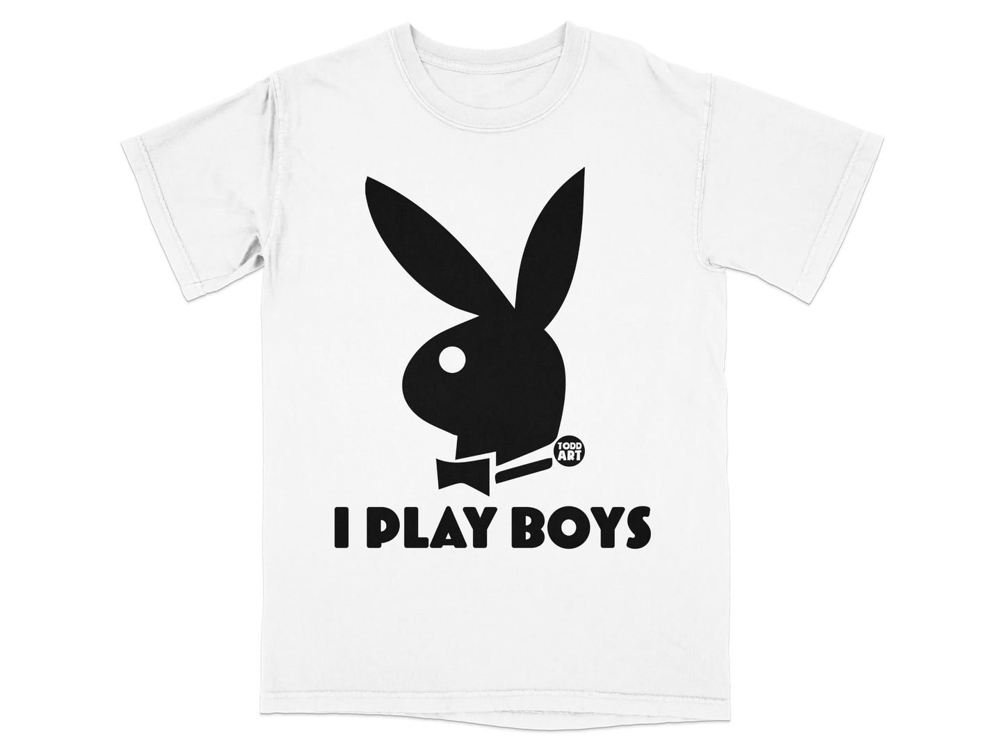 White t-shirt with black Playboy bunny logo and "I PLAY BOYS" text.
