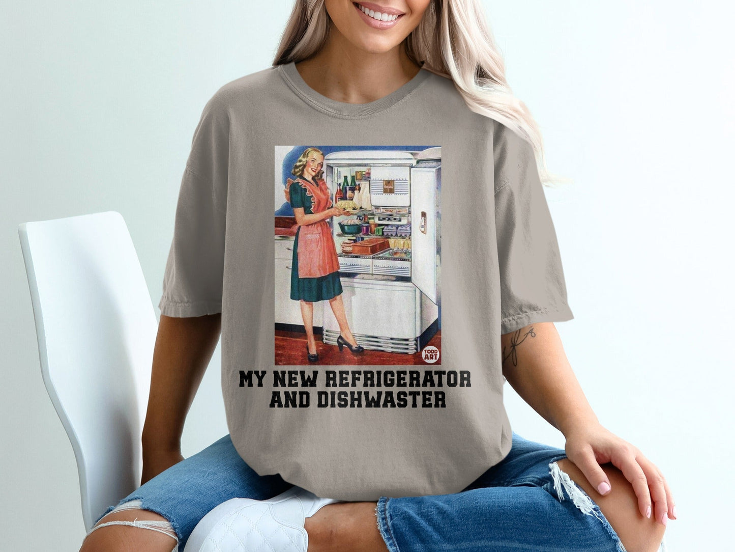 Retro illustration of a woman by an open refrigerator, text: MY NEW REFRIGERATOR AND DISHWASHER