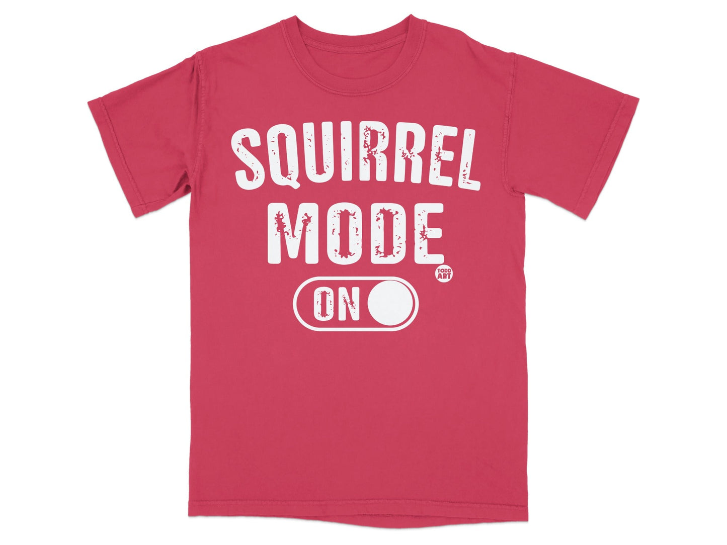 Red t-shirt with "SQUIRREL MODE ON" text and a small "GOOD ART" logo.