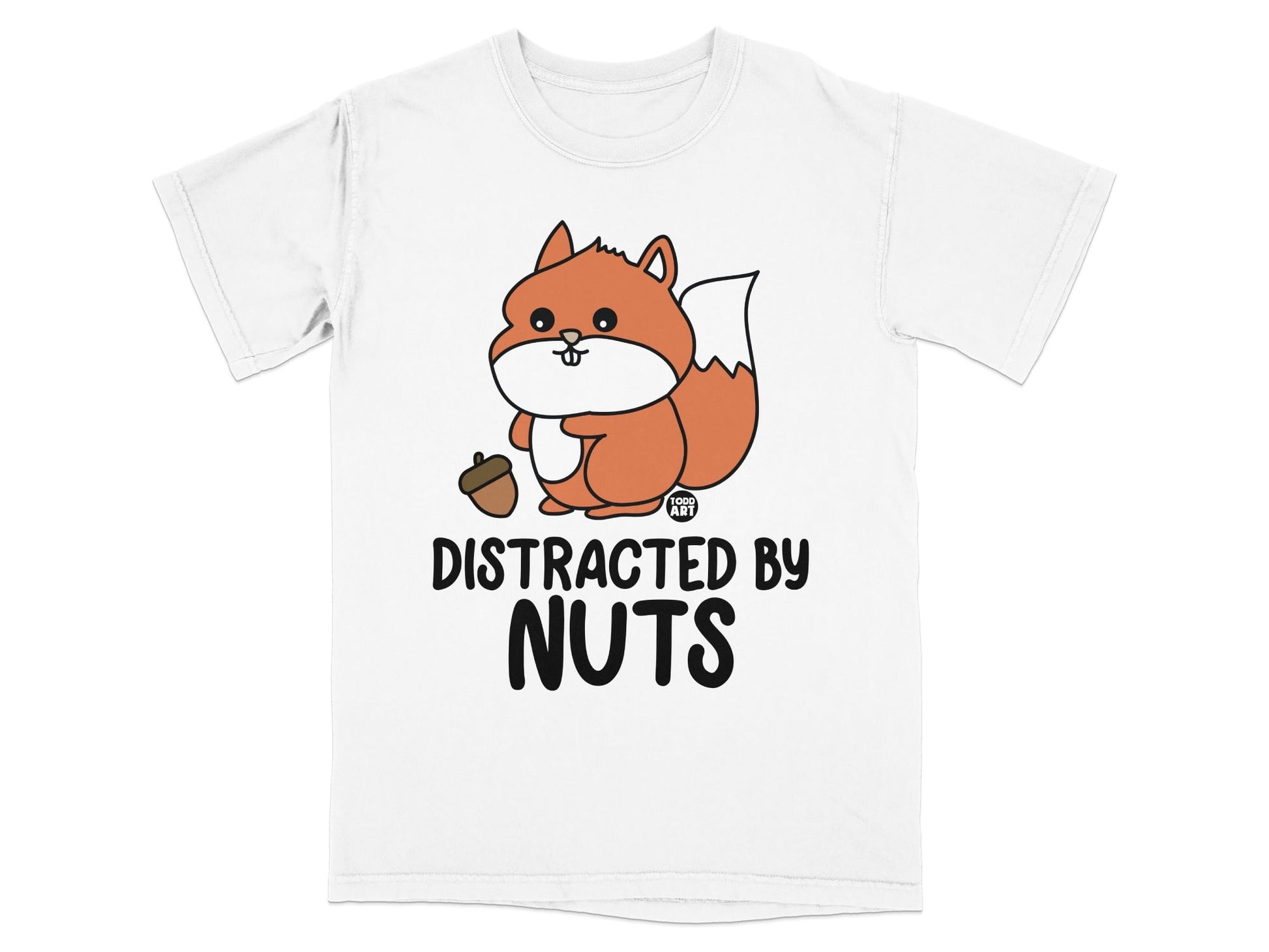 Cartoon squirrel holding an acorn with "DISTRACTED BY NUTS" text.