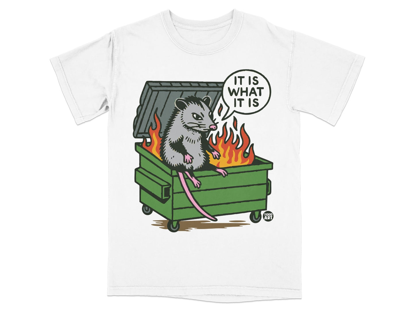 Opossum in a dumpster fire with speech bubble "It is what it is."