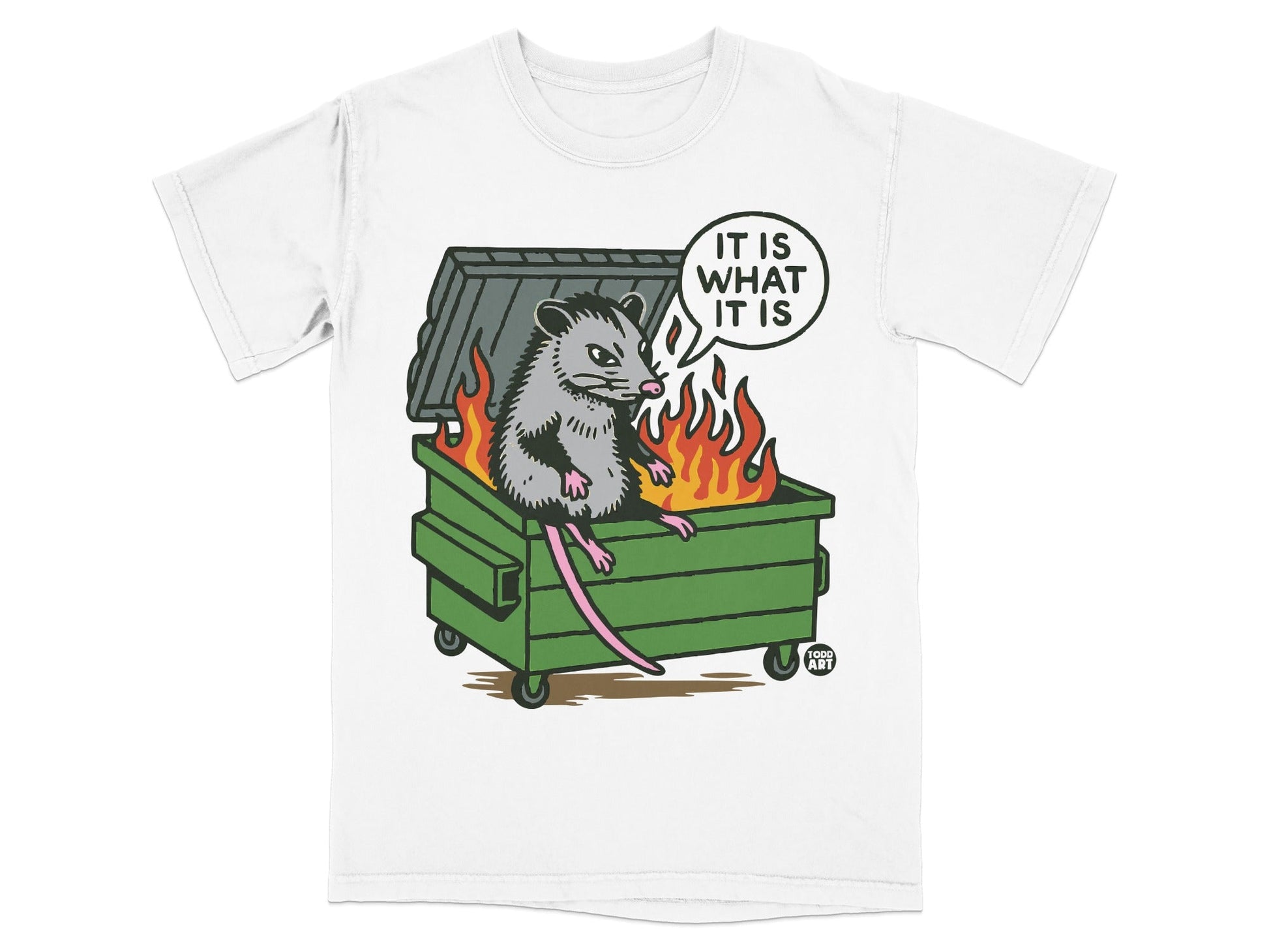 Opossum in a dumpster fire with speech bubble "It is what it is."