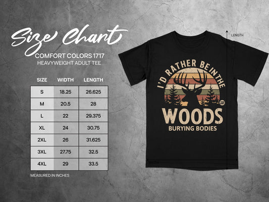 Size chart for Comfort Colors 1717 heavyweight adult tee with woods graphic.