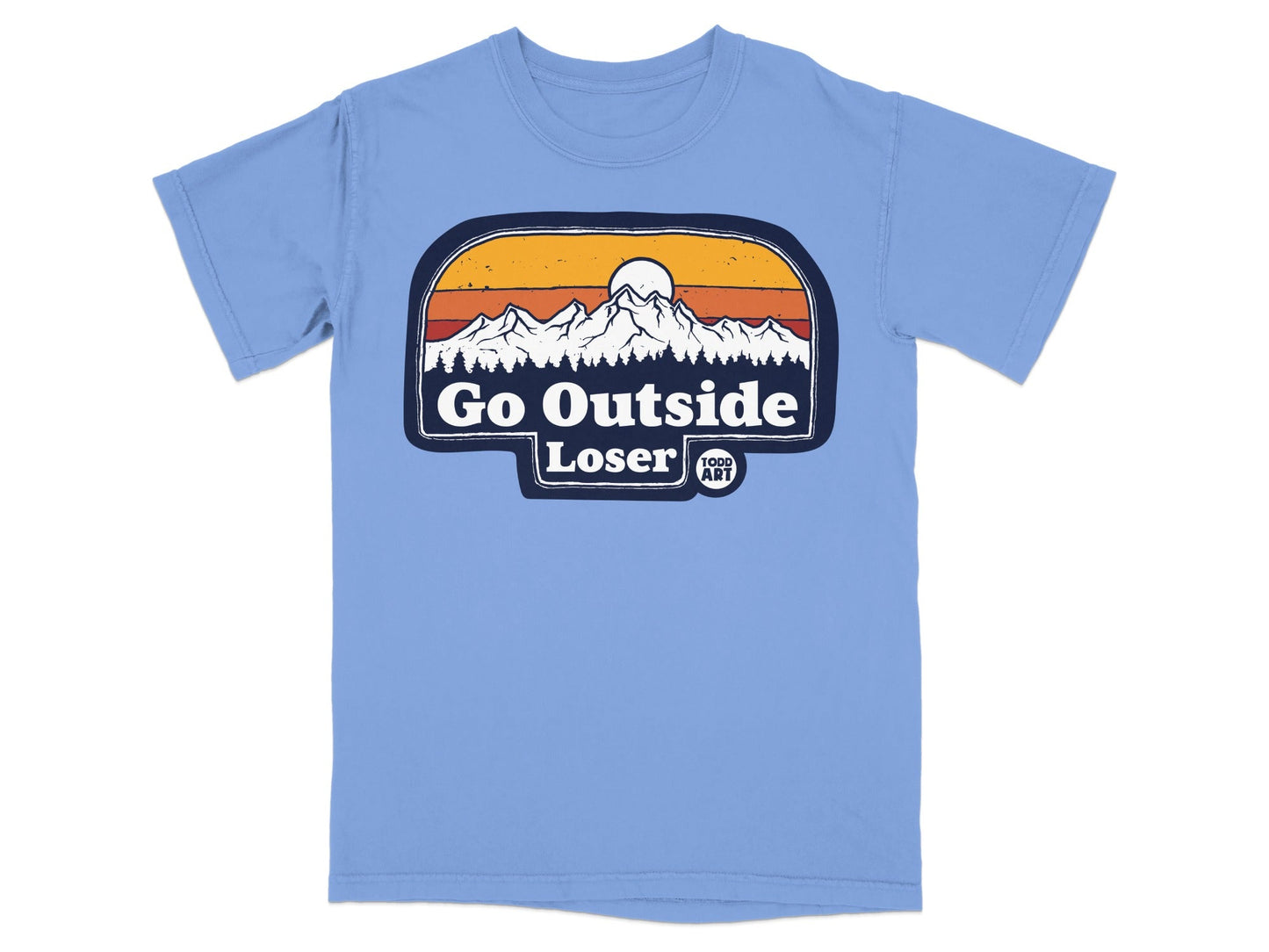Light blue t-shirt with "Go Outside Loser" mountain sunset graphic.