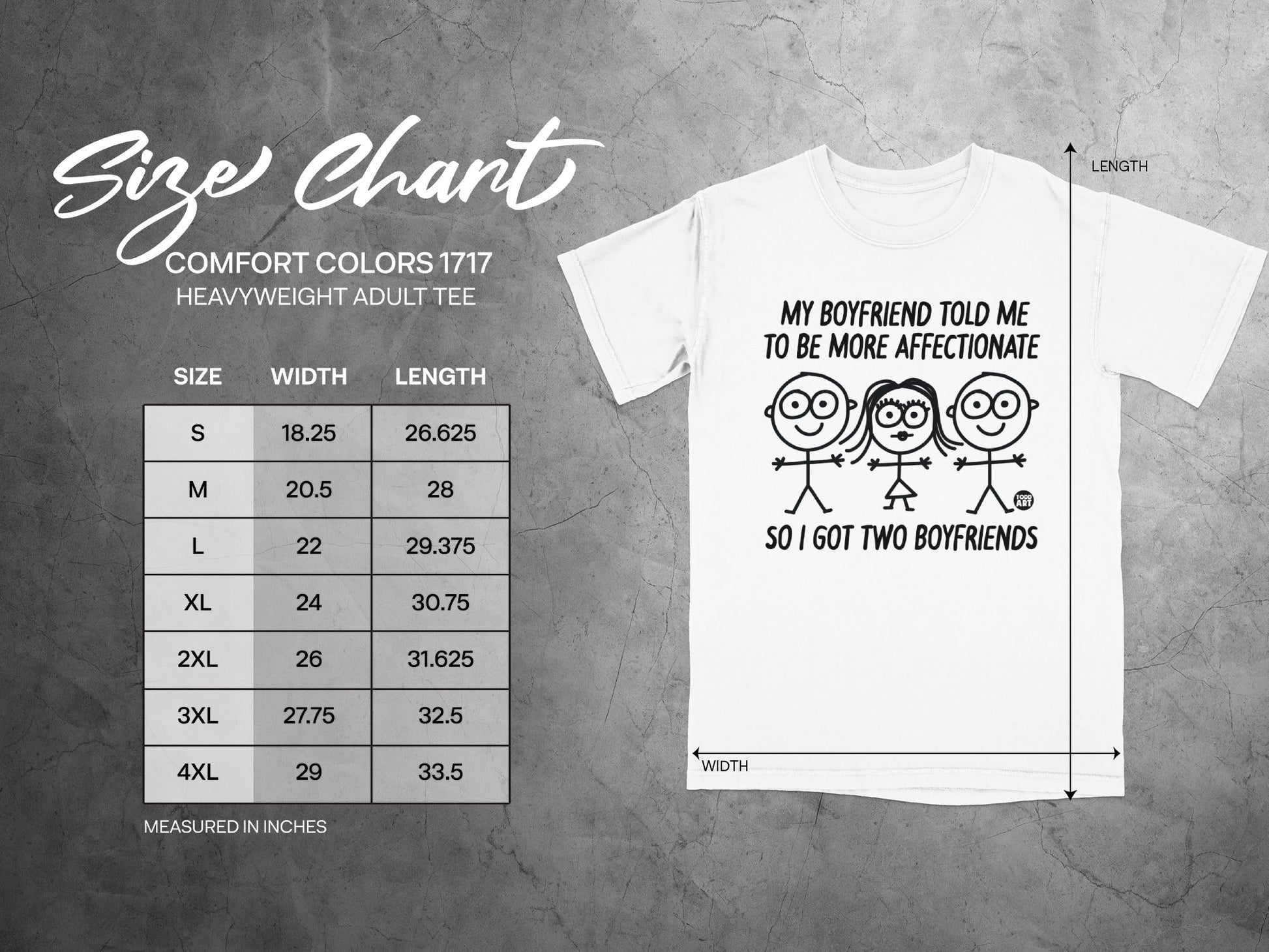 Comfort Colors 1717 size chart with graphic and text "SO I GOT TWO BOYFRIENDS."