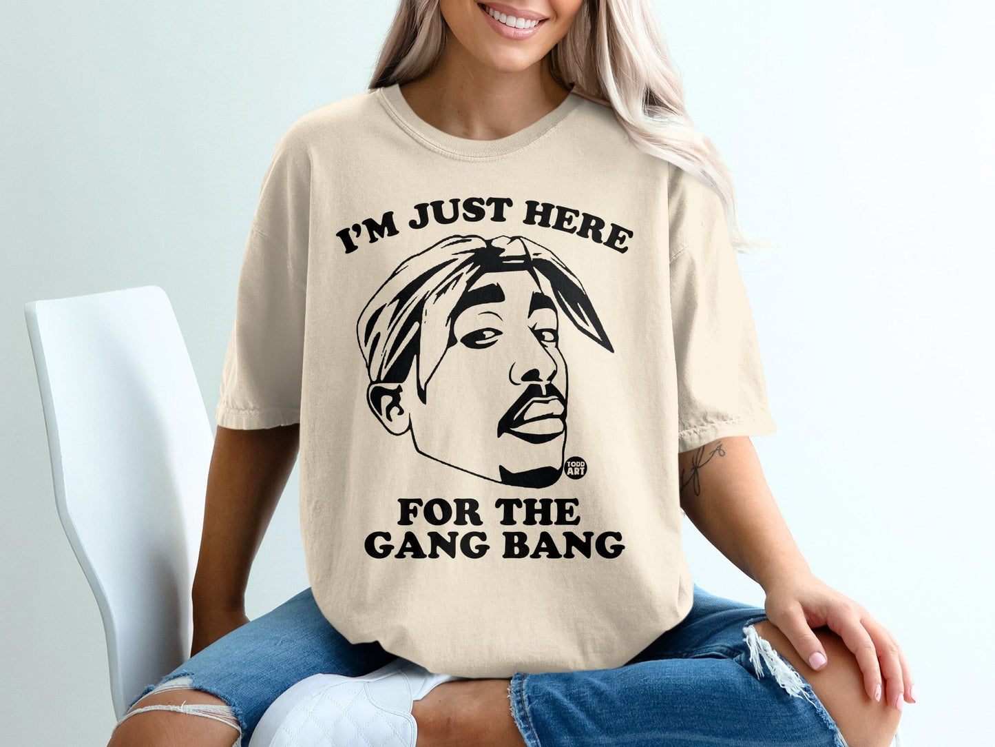 Tupac Shakur graphic tee with "I'm Just Here for the Gang Bang" text.