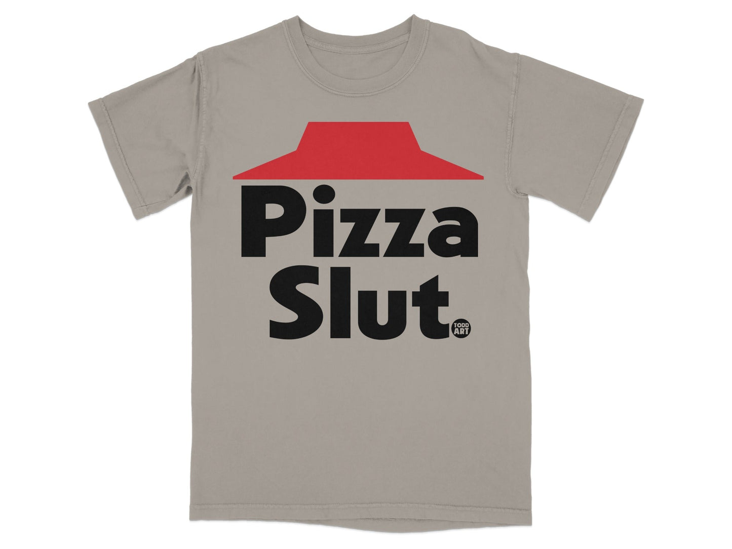 Grey t-shirt with red Pizza Hut roof logo and "Pizza Slut" text.
