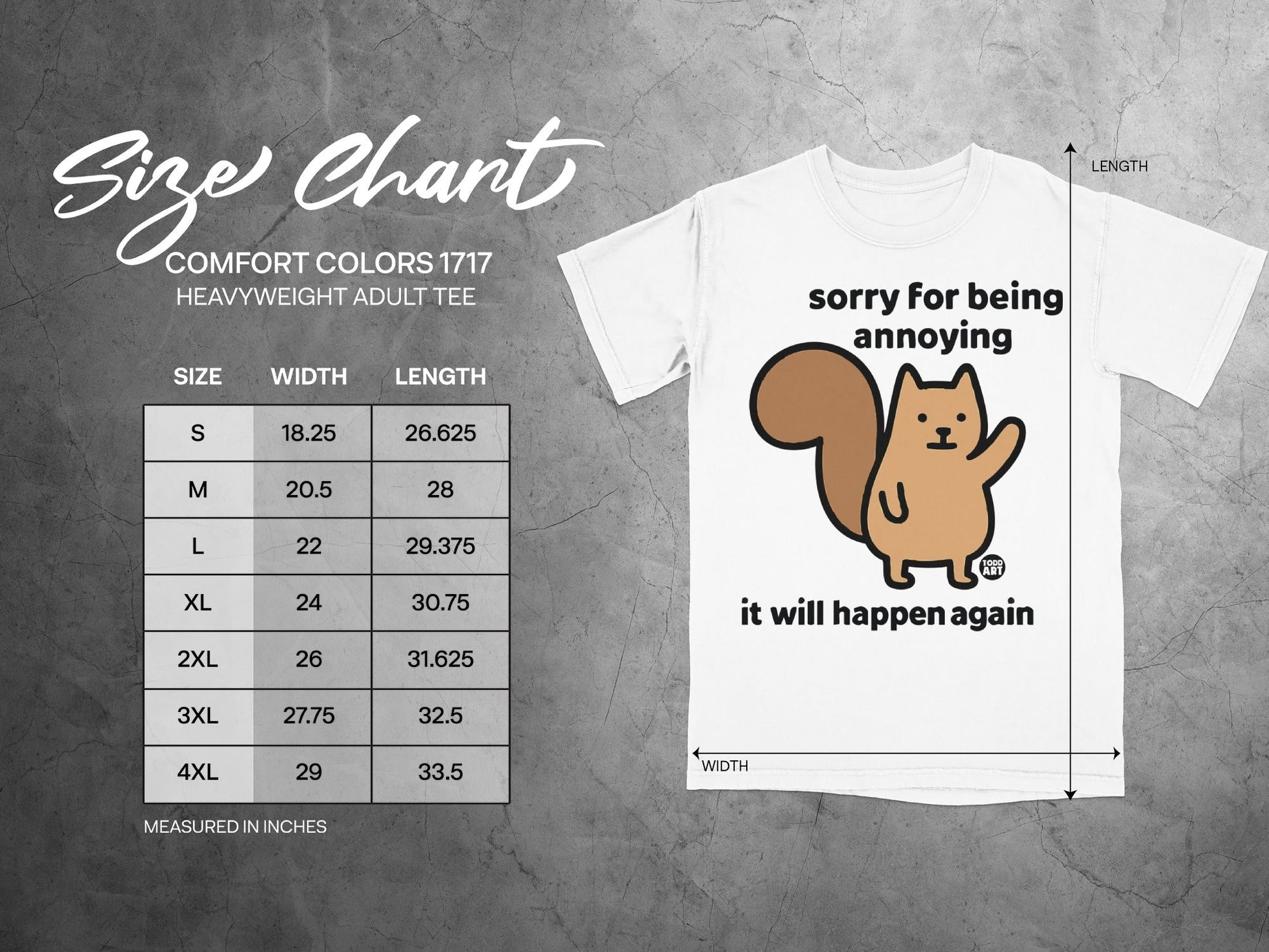 Comfort Colors 1717 heavyweight adult tee size chart with "sorry for being annoying it will happen again" graphic.