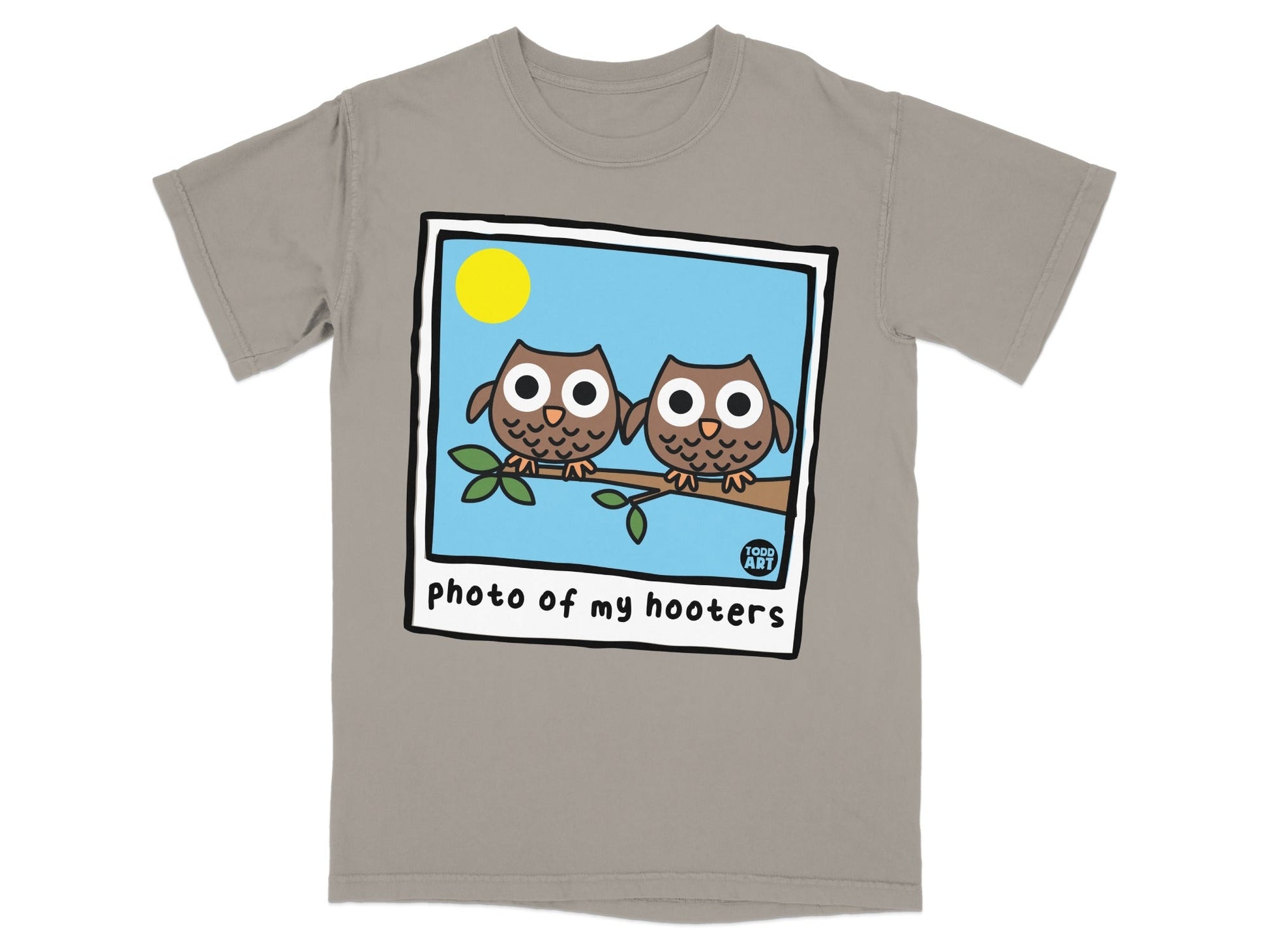 Two cartoon owls on a branch, "photo of my hooters" text.