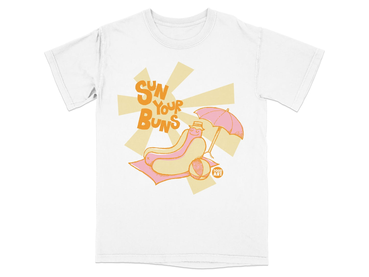 T-shirt with cartoon hot dog on beach towel holding umbrella and wearing hat.
