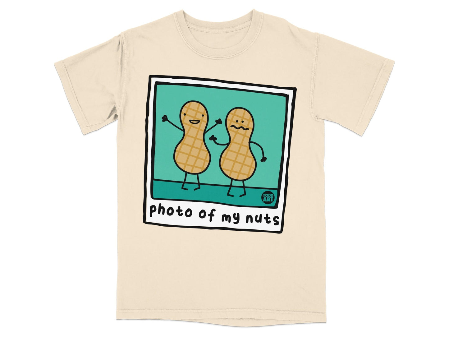 Cartoon peanuts in a polaroid frame with "photo of my nuts" text.