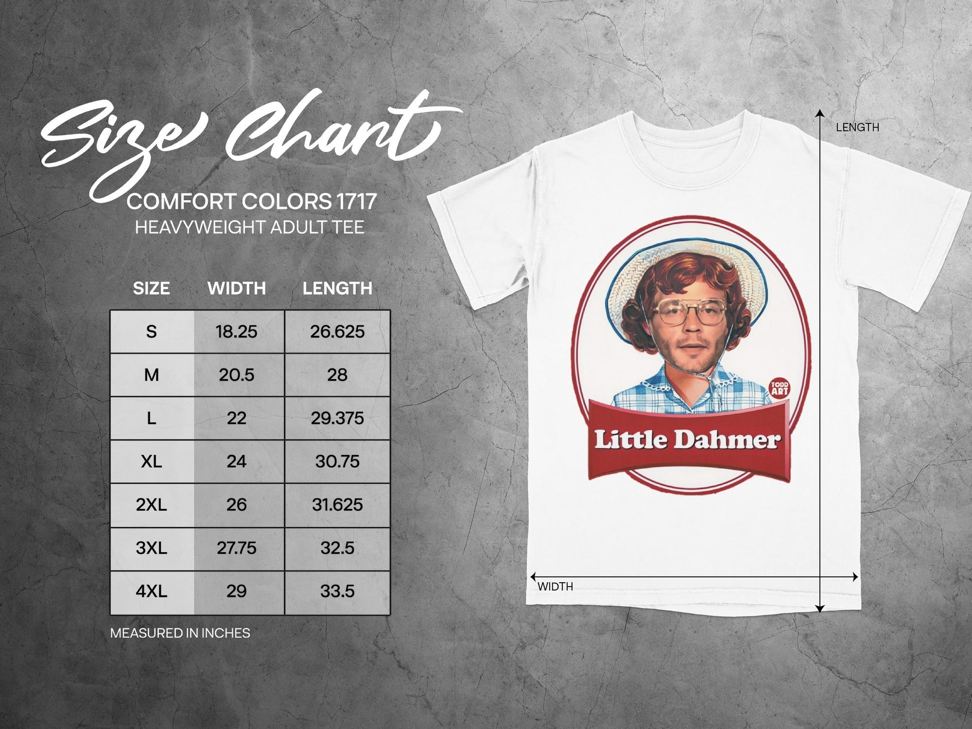 Comfort Colors 1717 size chart for heavyweight adult tees.