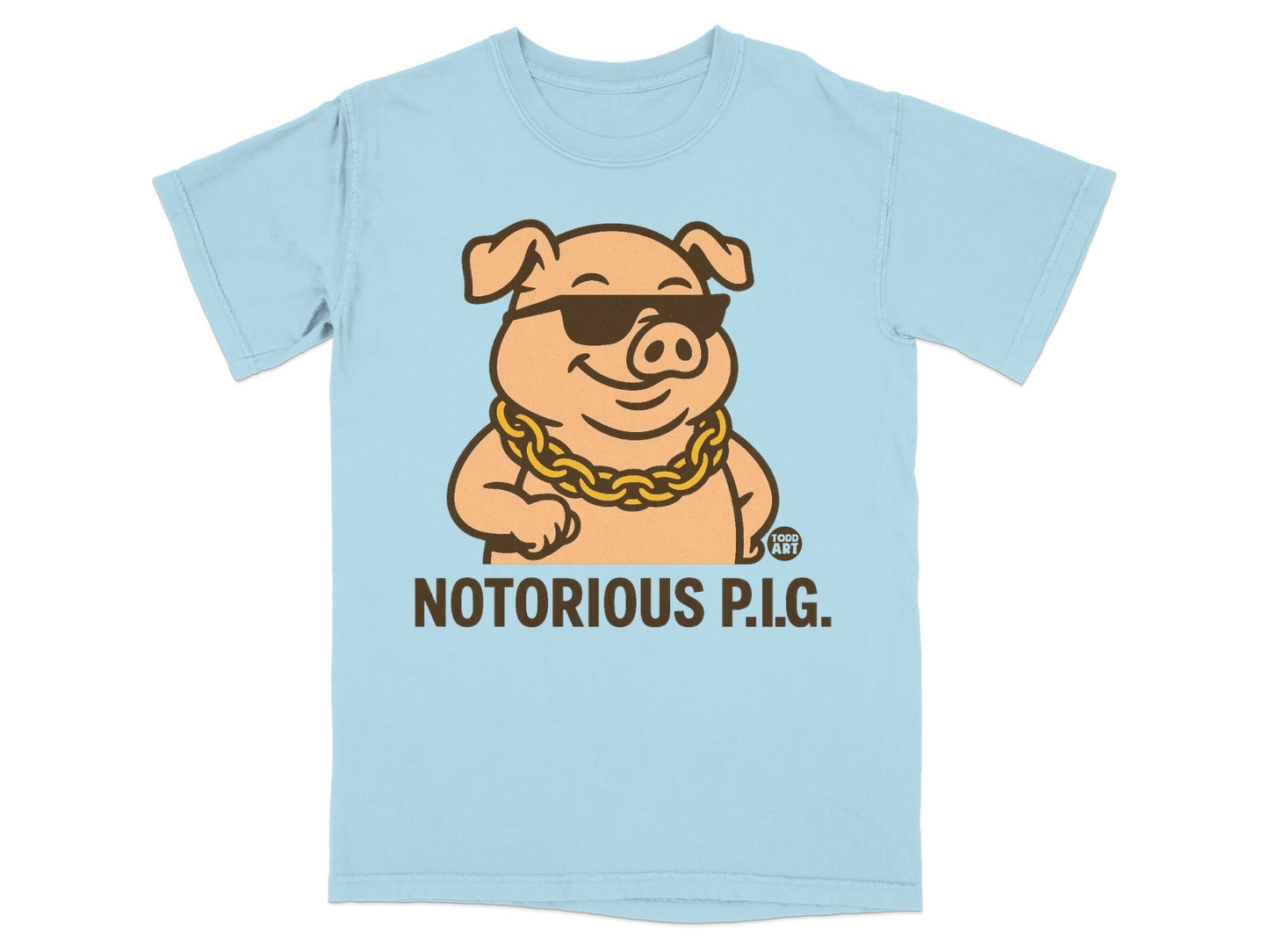Light blue t-shirt with a pig wearing sunglasses and a gold chain, text "NOTORIOUS P.I.G."