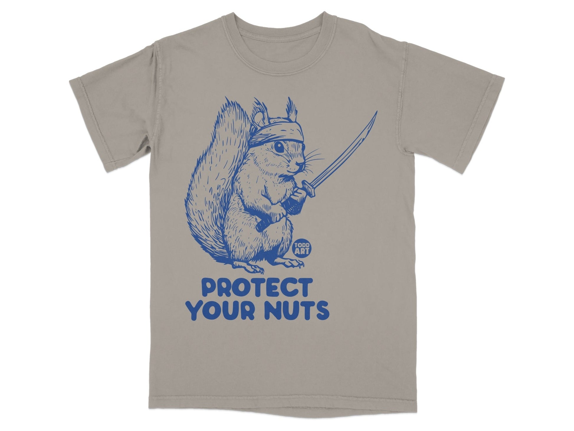 Blue cartoon squirrel in a headband holding a sword, "Protect Your Nuts" text.