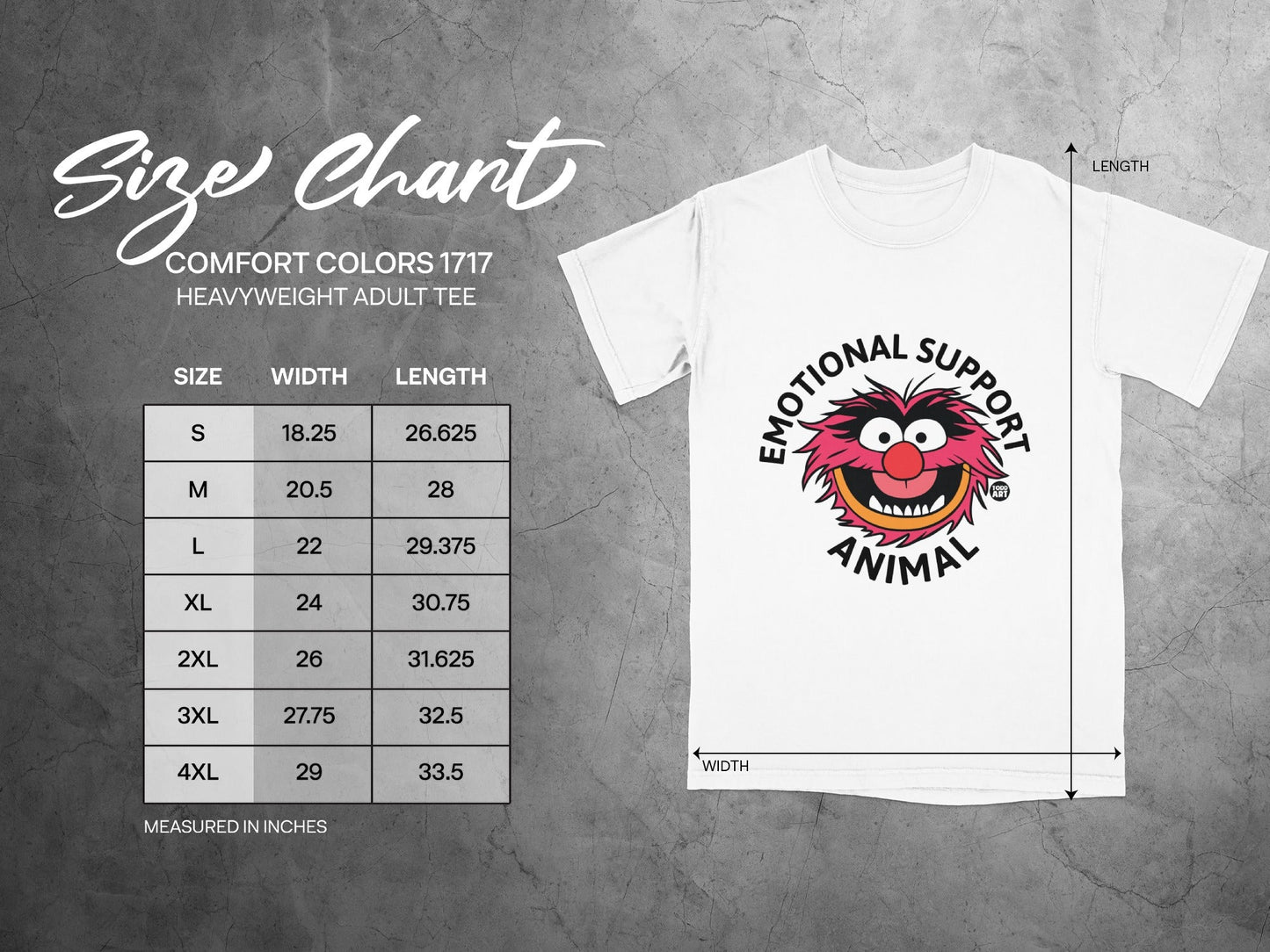 Comfort Colors 1717 heavyweight adult tee size chart with measurements in inches.