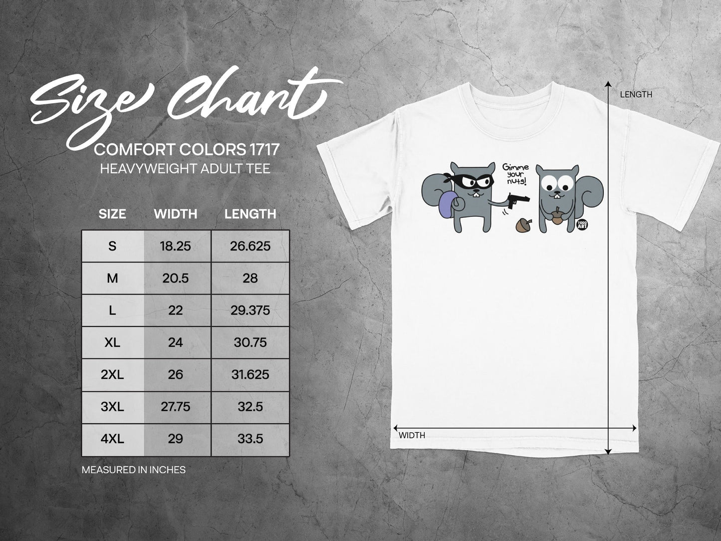 Size chart for Comfort Colors 1717 heavyweight adult tee, showing width and length in inches.