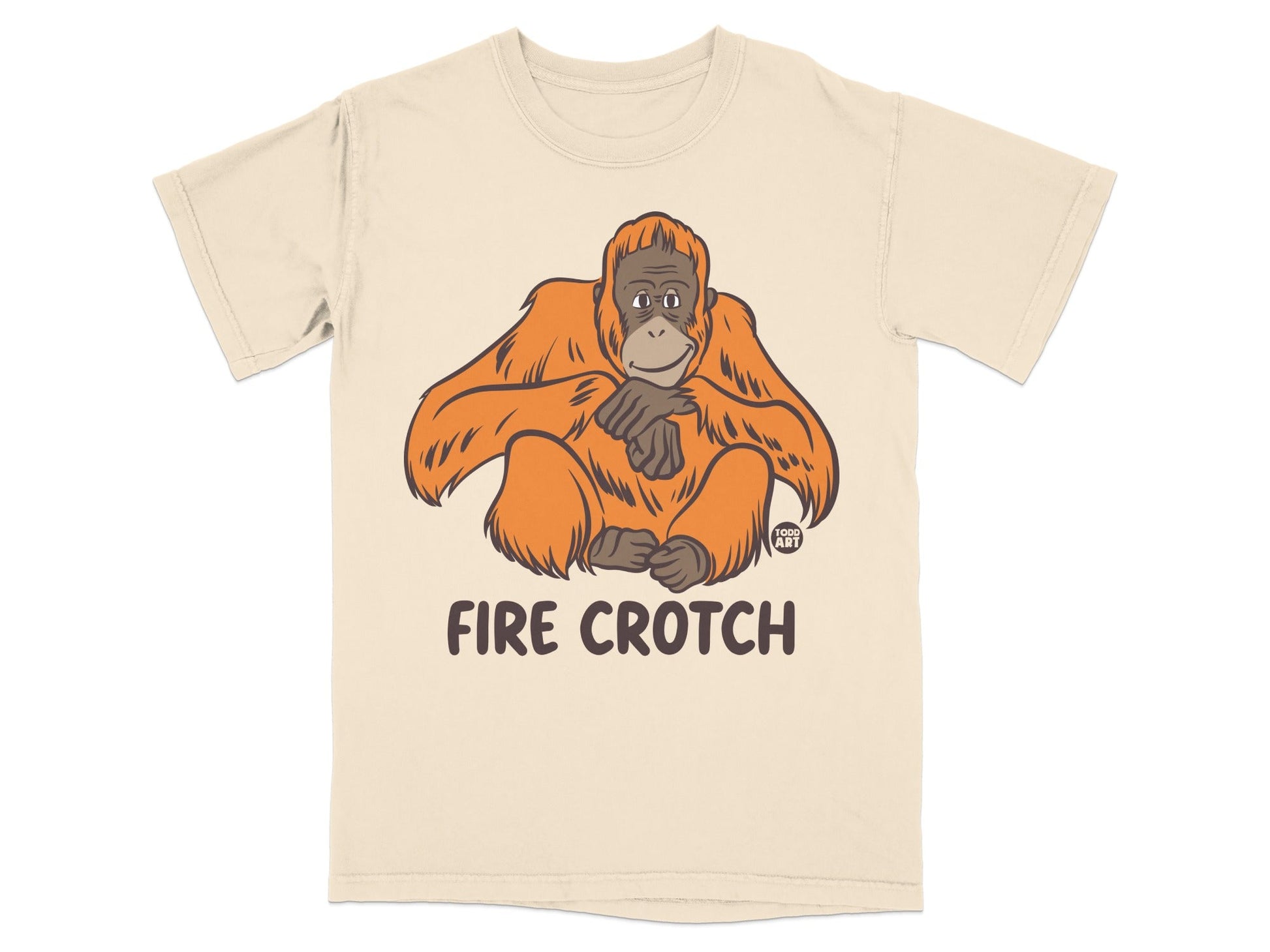 T-shirt featuring a cartoon orangutan with "FIRE CROTCH" text.