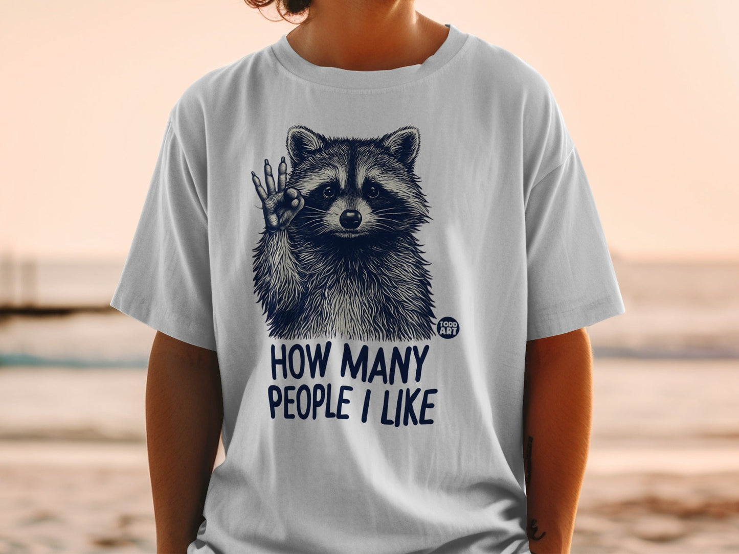 T-shirt with raccoon giving a hand signal and text "HOW MANY PEOPLE I LIKE".