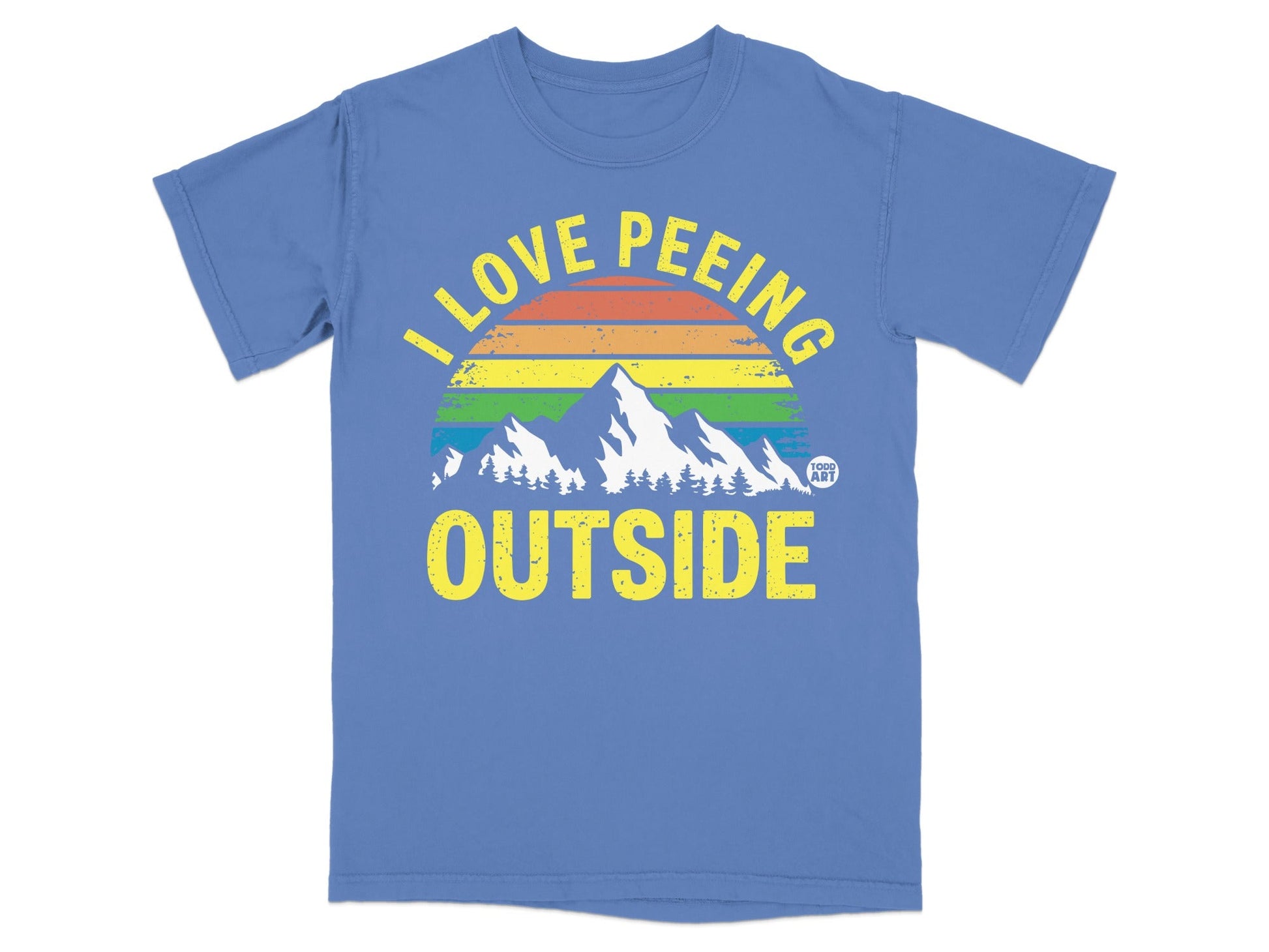 Blue t-shirt with "I LOVE PE(E)ING OUTSIDE" and mountain sunset design.