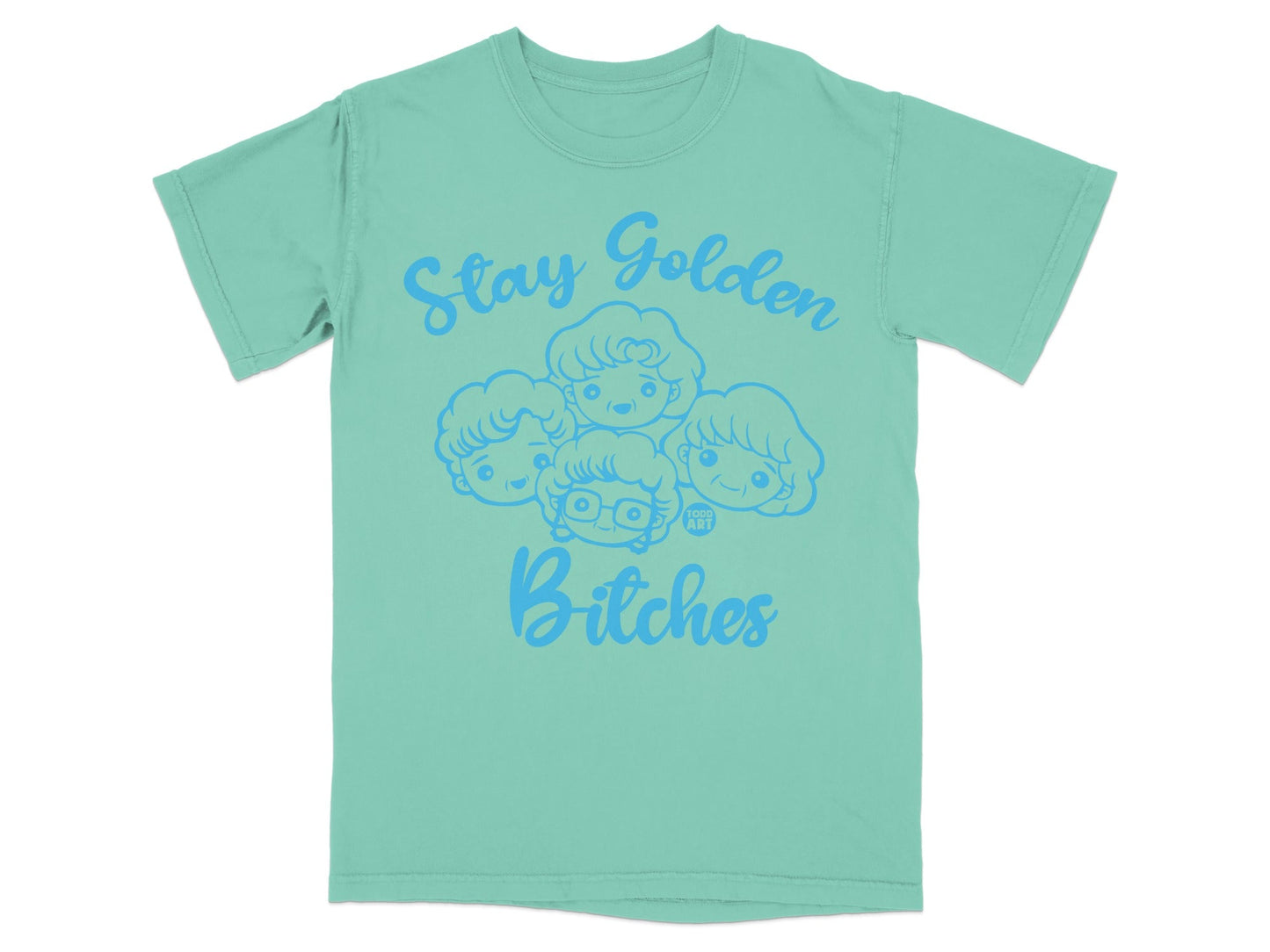 Teal t-shirt with cartoon heads and "Stay Golden Bitches" text.