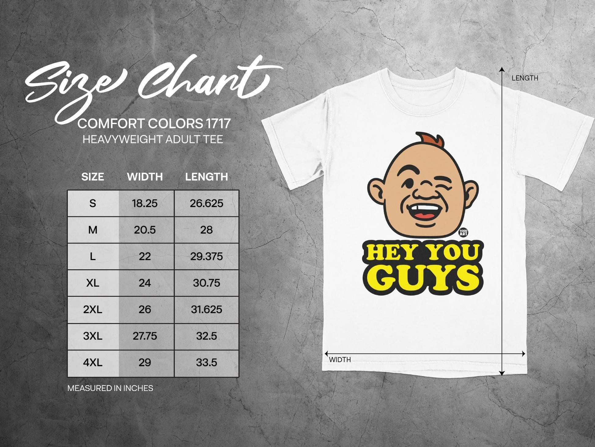 Comfort Colors 1717 heavyweight adult tee size chart with cartoon character and measurements.