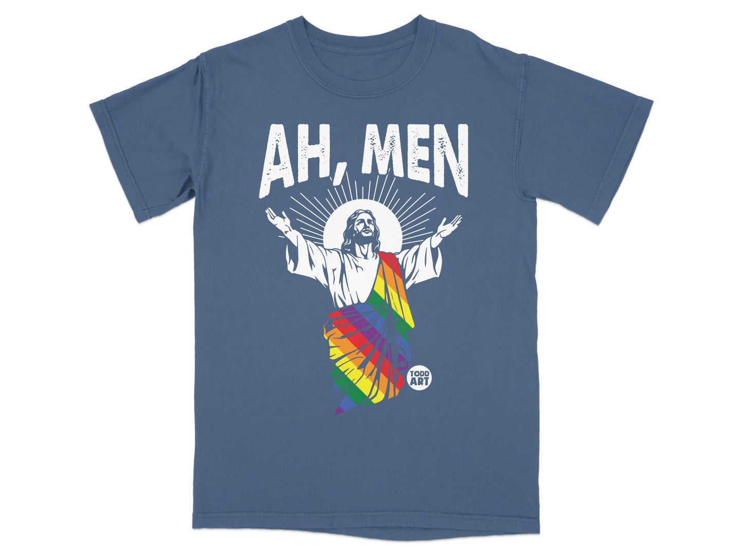 T-shirt featuring Jesus wearing a rainbow flag draped over his shoulders with "AH, MEN" text.