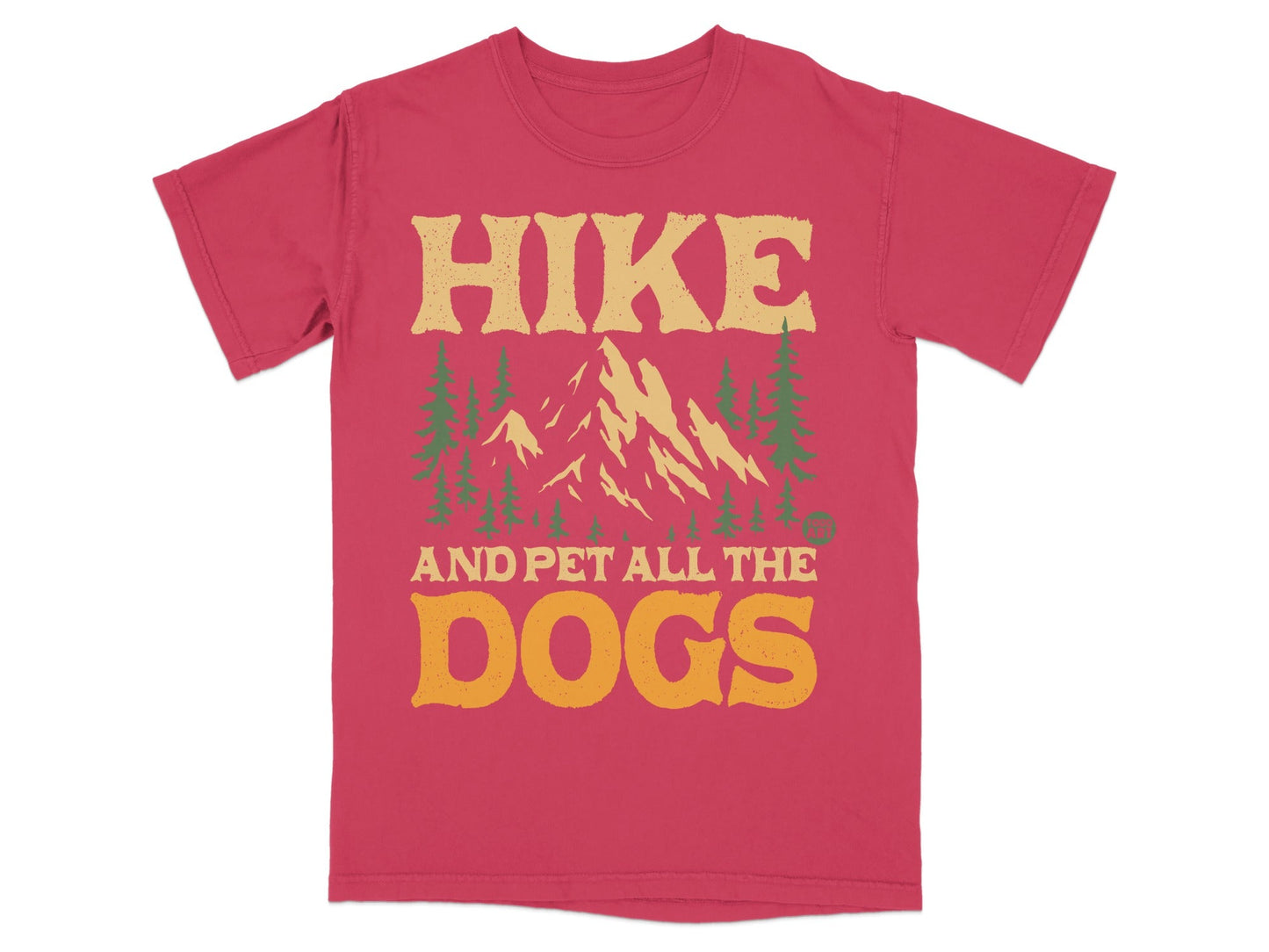 Red t-shirt with "HIKE AND PET ALL THE DOGS" text and mountain graphic.