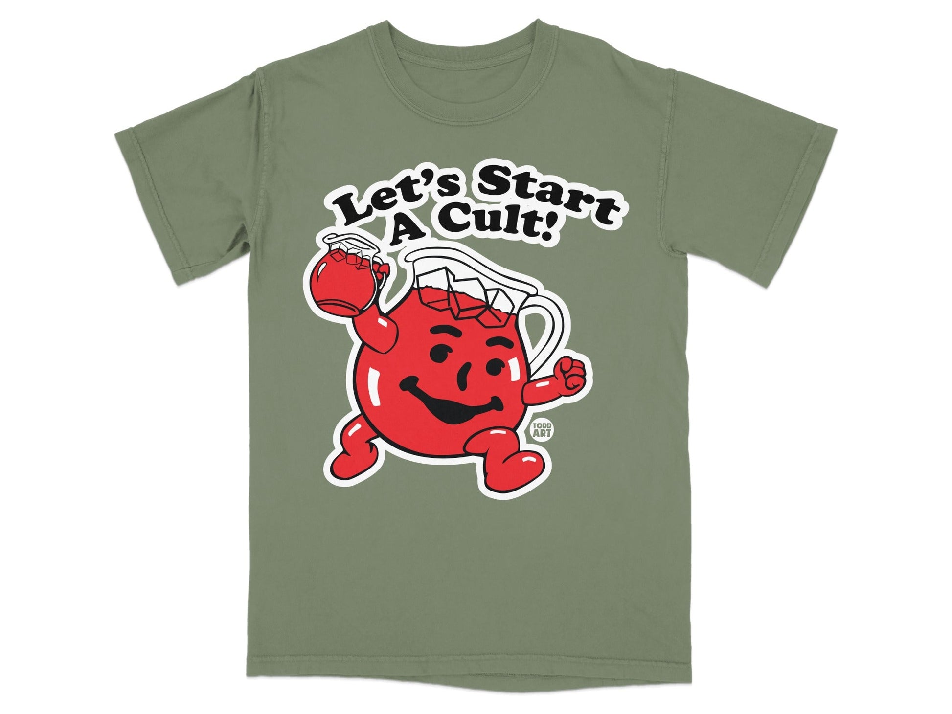 Kool-Aid character in a shirt that says "Let's Start A Cult!"