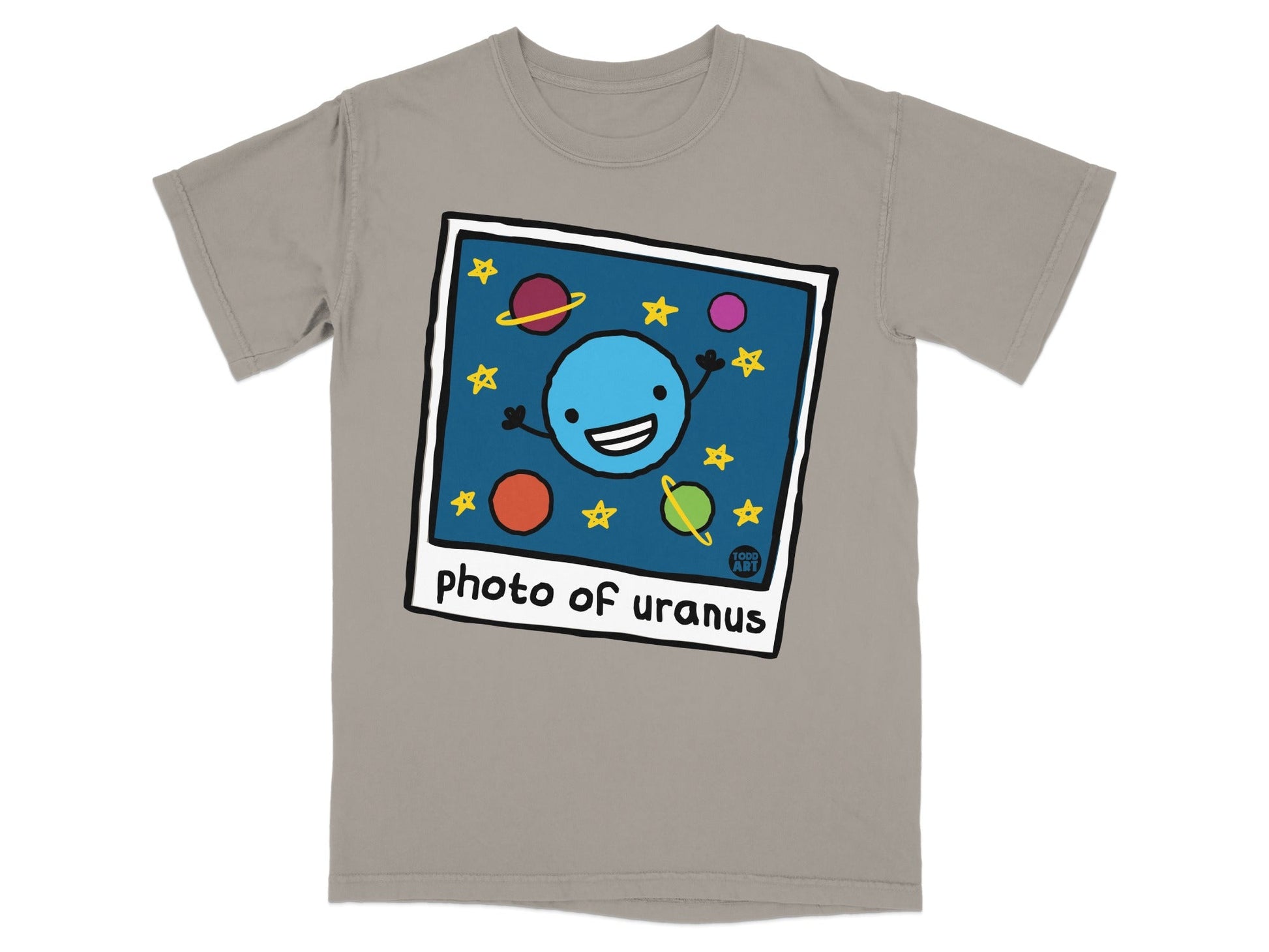 Cartoon of a smiling blue planet with stars and planets, reads "Photo of Uranus".