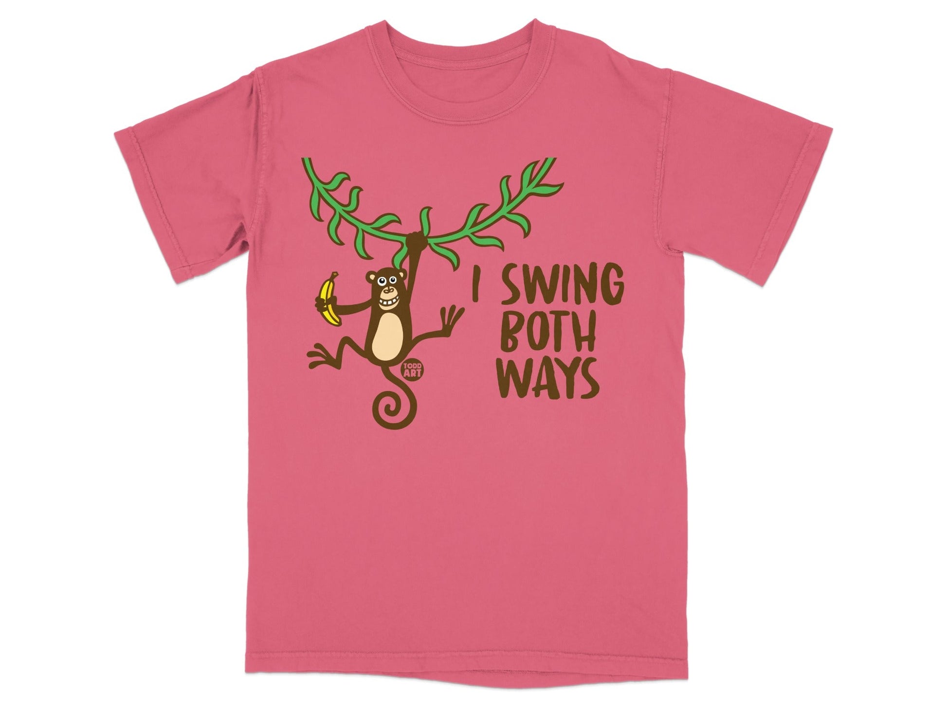 Pink t-shirt with monkey swinging and "I SWING BOTH WAYS" text.