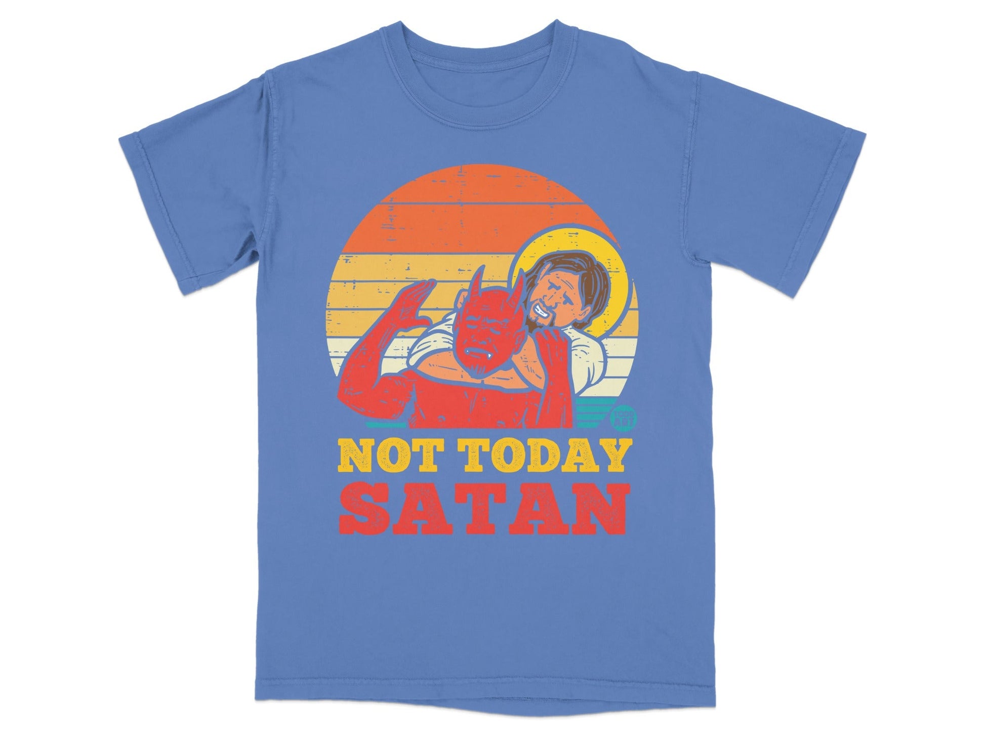 Blue t-shirt with graphic of a devil holding a person, text "NOT TODAY SATAN".