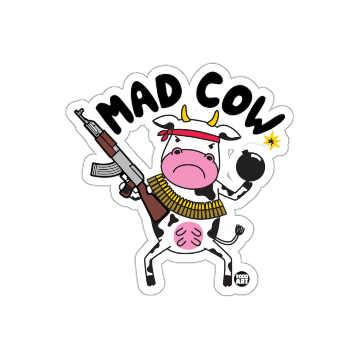 Mad Cow with Gun and Bomb Sticker Product