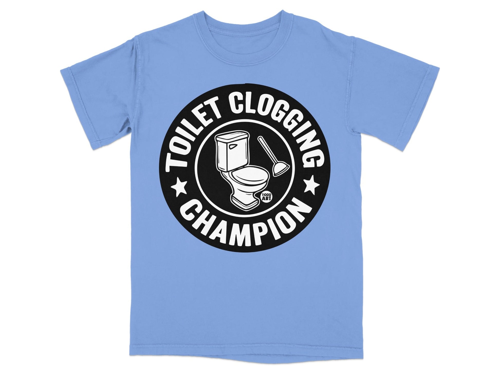 Blue t-shirt with "Toilet Clogging Champion" graphic featuring a toilet and plunger.