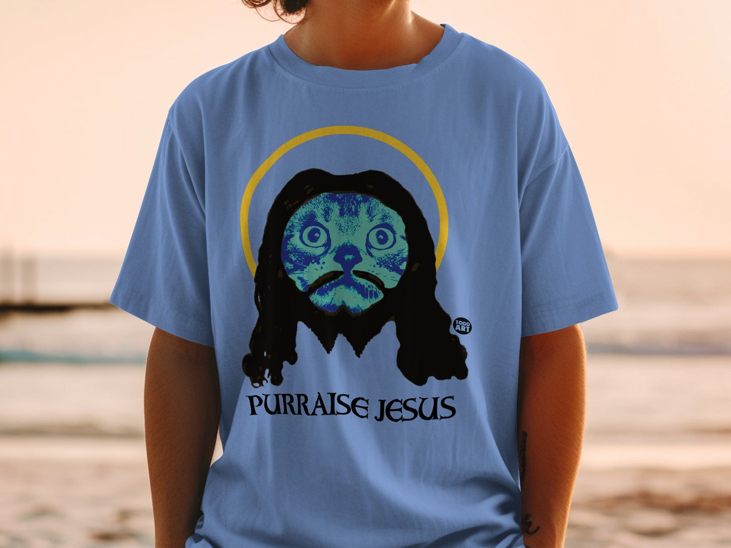 Purraise Jesus Cat Parody Graphic Printed T-Shirt