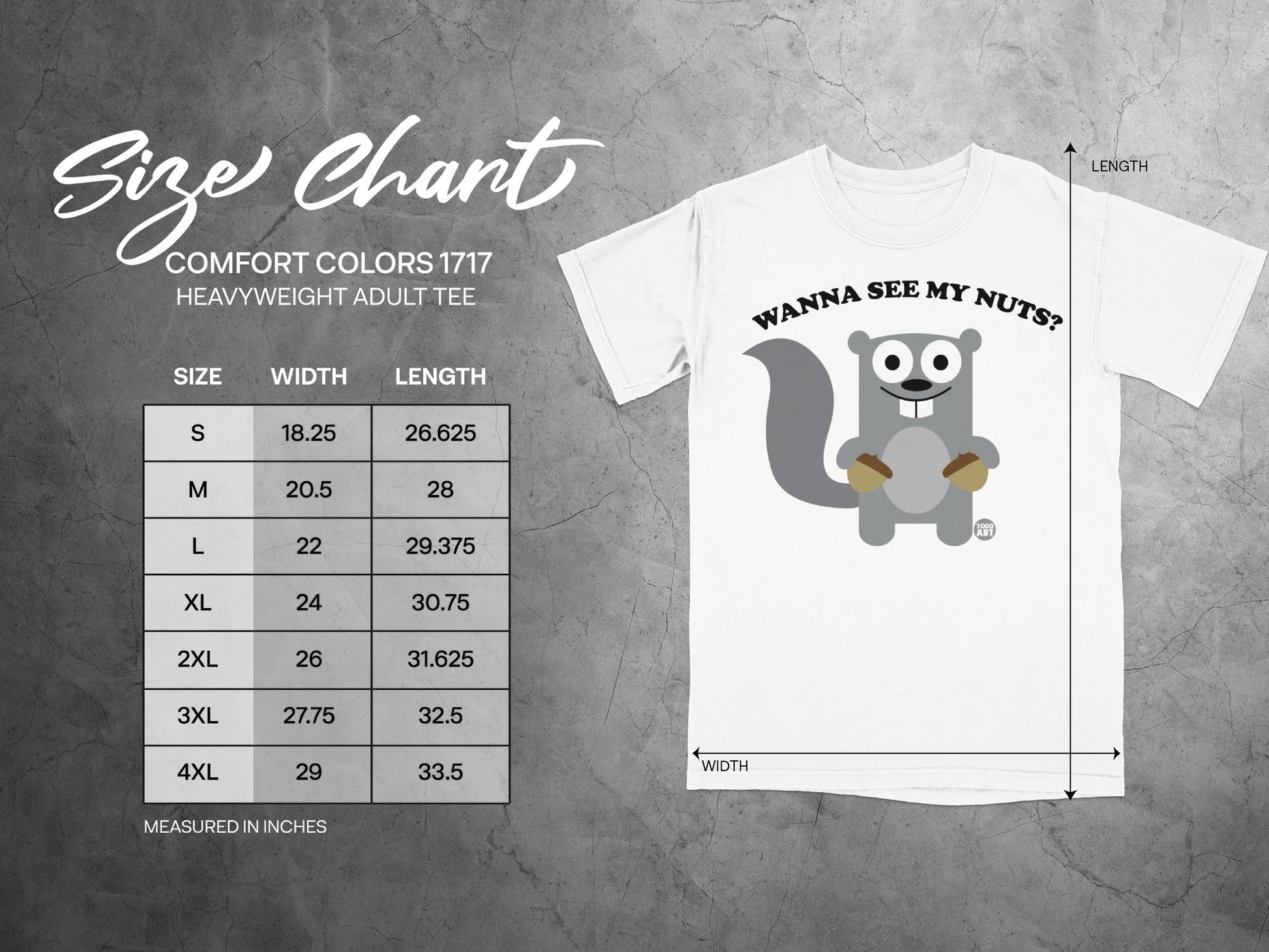 Comfort Colors 1717 size chart for heavyweight adult tees with squirrel graphic.