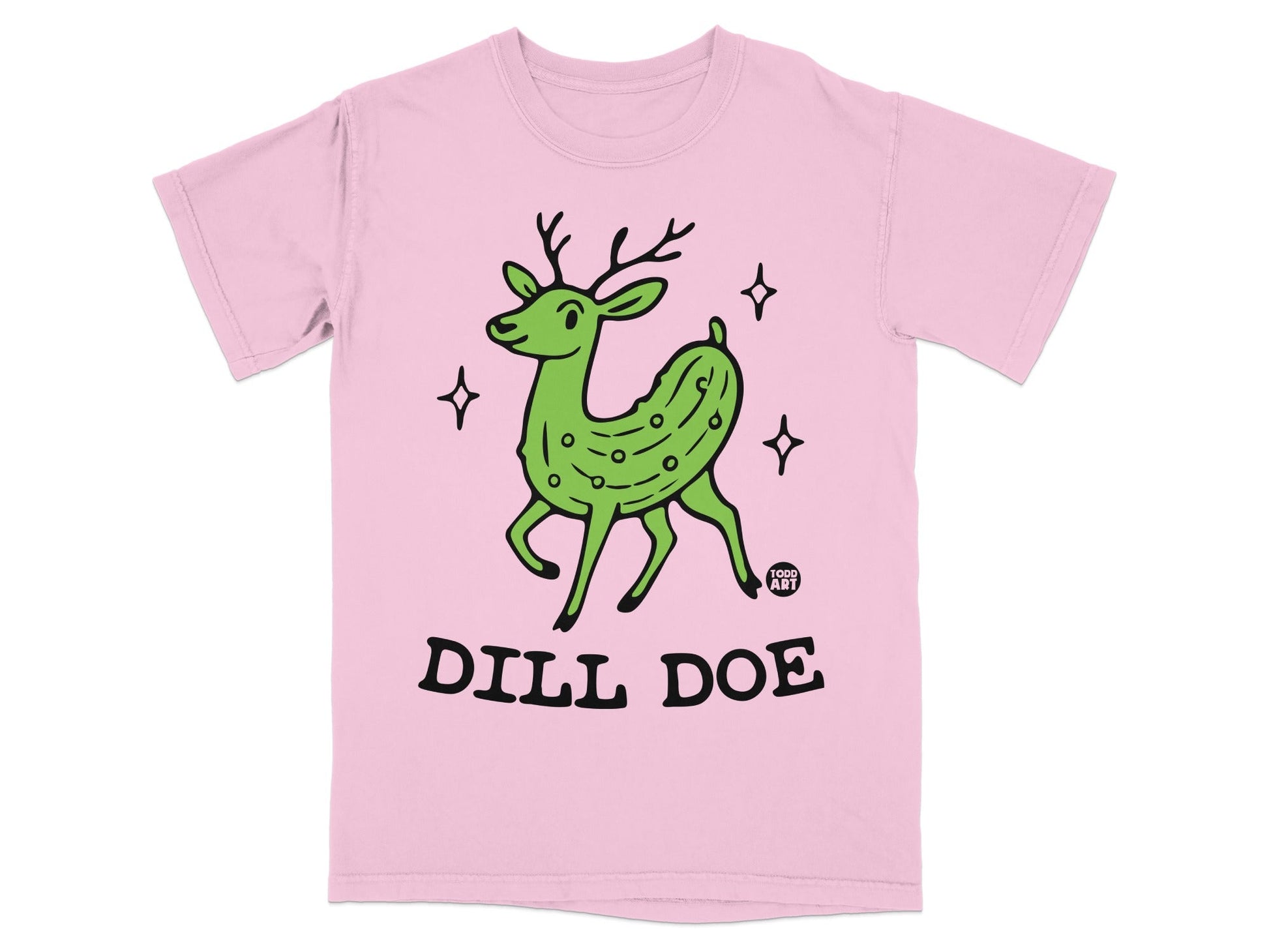Pink t-shirt with cartoon dill pickle deer, "Dill Doe" text.